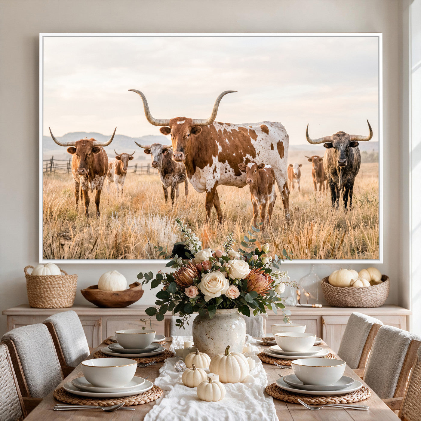 62336425AC-MGV-CV-36X24 - Texas Longhorn Canvas Wall Art, Rustic Farm Animal Photography Print, Farmhouse Country Decor, Western Ranch Art