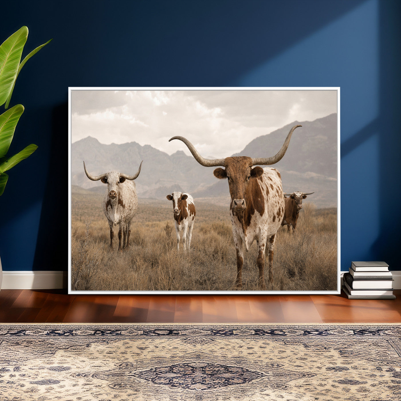 62336425AD-MGV-CV-36X24 - Rustic Texas Longhorn Cow Canvas Wall Art Print, Rustic Farm Animal Photography Print, Farmhouse Country Decor, Western Ranch Art