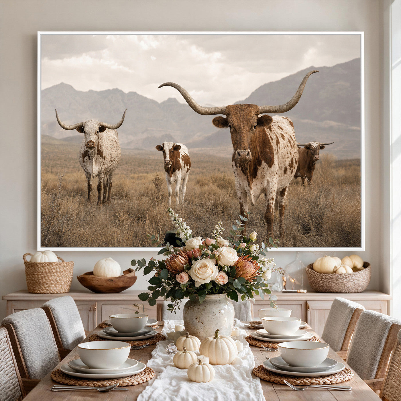62336425AD-MGV-CV-36X24 - Rustic Texas Longhorn Cow Canvas Wall Art Print, Rustic Farm Animal Photography Print, Farmhouse Country Decor, Western Ranch Art