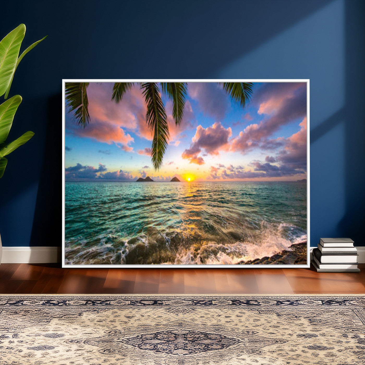 13207742-MGV-CV-36X24 - Hawaii Beach Sunset Canvas Wall Art Print, Tropical Ocean Landscape Artwork, Palm Tree Coastal Decor for Living Room Bedroom