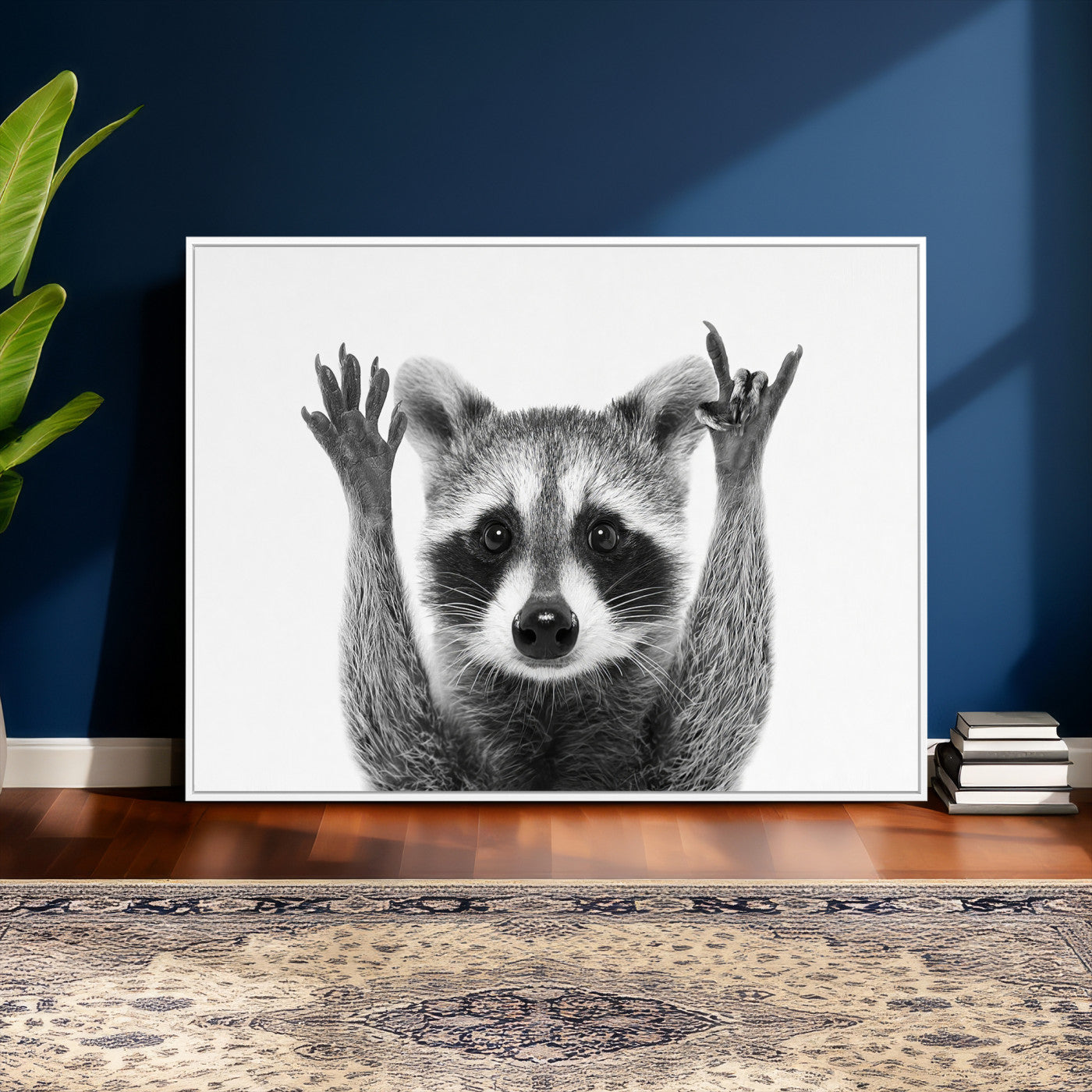 82392228-MGV-CV-36X24 - Funny Raccoon Canvas Wall Art, Black White Hands Up Animal Photo Print, Humorous Wildlife Decor, Kids Room Nursery Art, Quirky Animal Gift