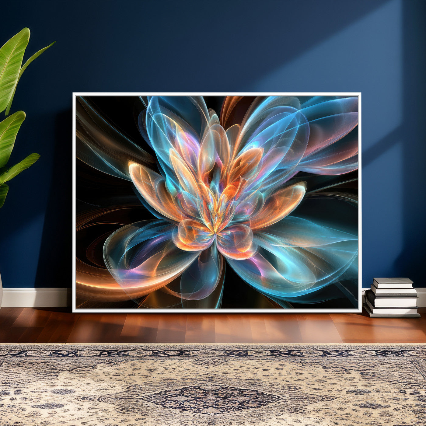91902283-MGV-CV-36X24 - Fractal Lotus Canvas Wall Art, Blue Orange Glowing Flower Abstract Print, Modern Zen Meditation Room Decor, Ethereal Digital Art, Living Room