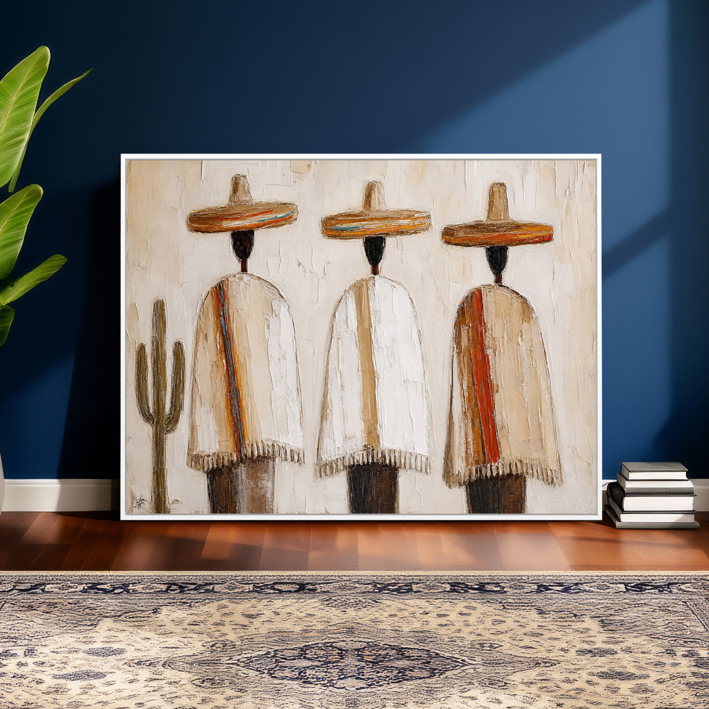 72884785-MGV-CV-36X24 - Mexican Folk Art Canvas Wall Art, Southwestern Sombrero Poncho Painting, Neutral Earthy Boho Decor, Fiesta Living Room Art, Impasto Style Print