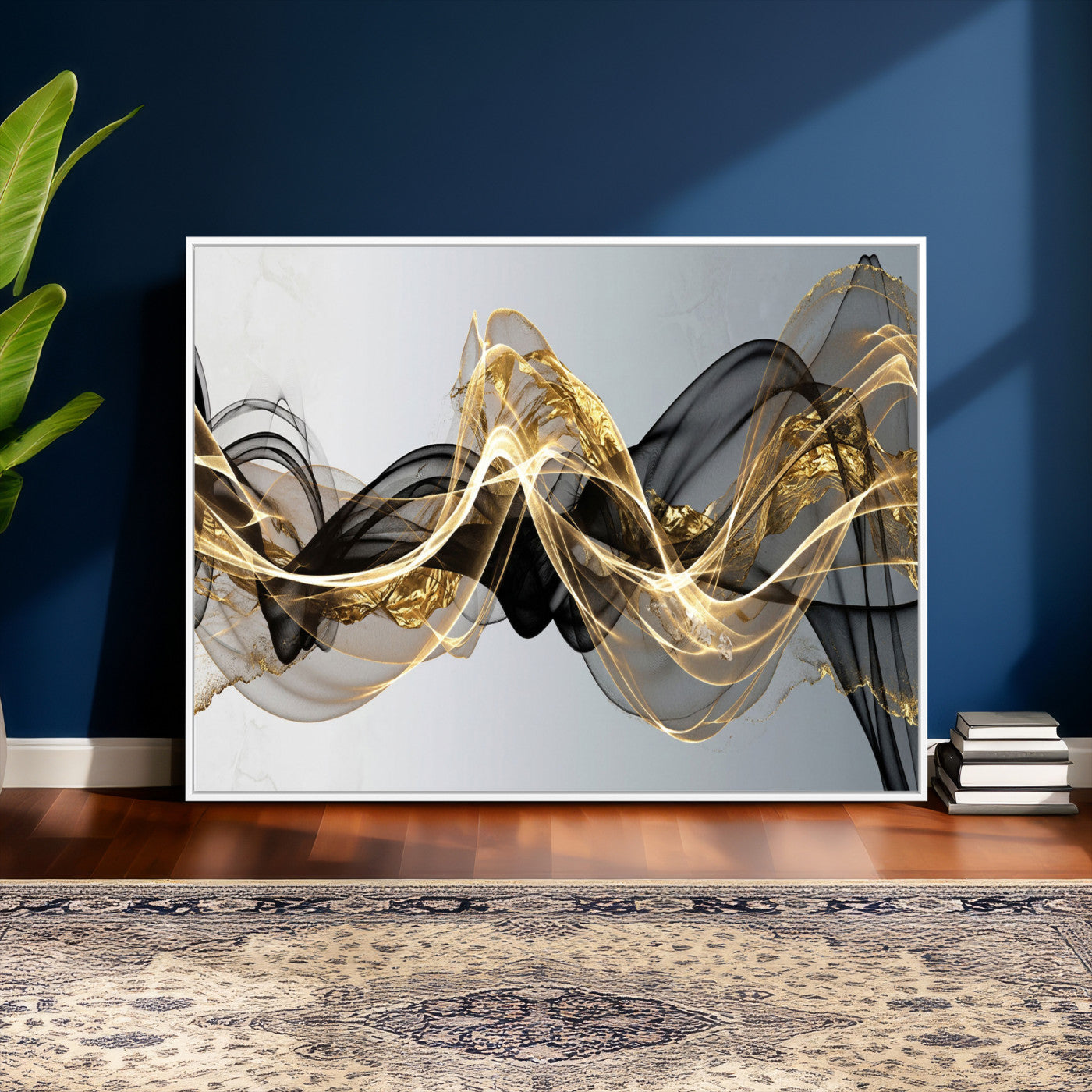 79483321DL-MGV-CV-36X24 - Black and Gold Abstract Wall Art, Modern Wave Canvas Print, Elegant Flowing Smoke Art, Luxury Living Room Decor