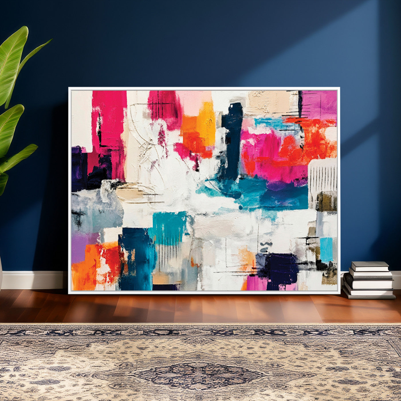 57864023-MGV-CV-36X24 - Blue Teal Abstract Canvas Wall Art | Modern Textured Painting Print, Navy Orange White Contemporary Art, Neutral Living Room Decor, Office Art