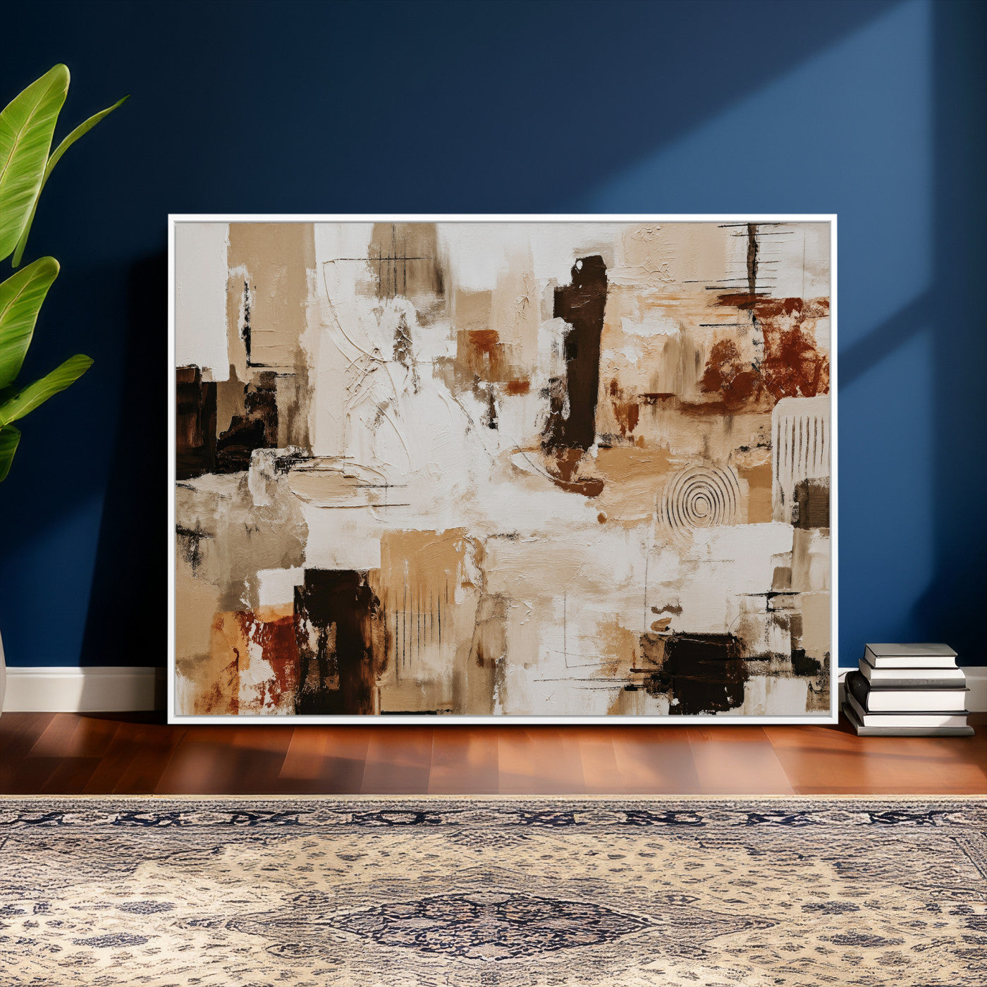 26560159-MGV-CV-36X24 - Blue Teal Abstract Canvas Wall Art, Modern Textured Painting Print, Navy Orange White Contemporary Art, Neutral Living Room Decor, Office Art