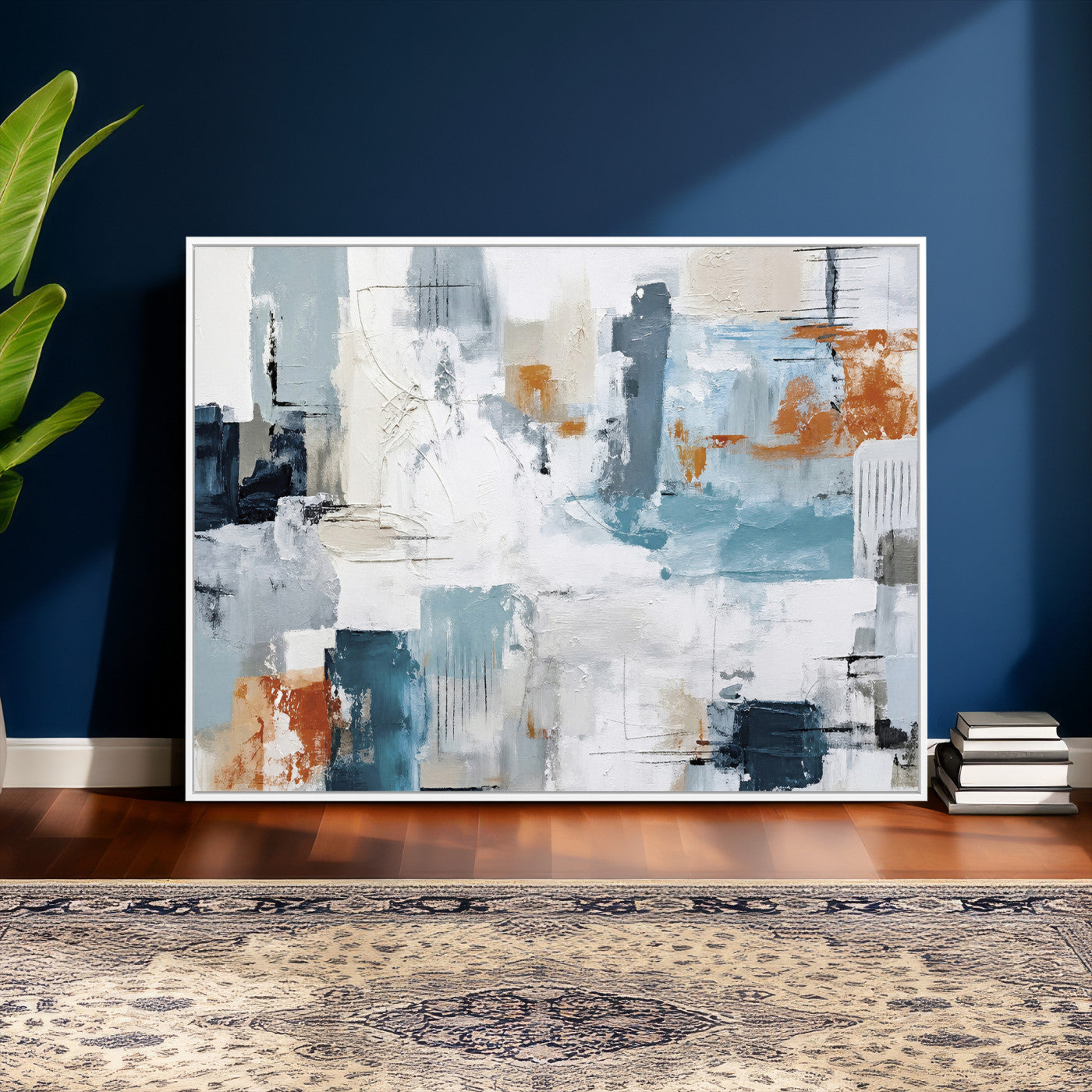98638479-MGV-CV-36X24 - Blue Teal Abstract Canvas Wall Art, Modern Textured Painting Print, Navy Orange White Contemporary Art, Neutral Living Room Decor, Office Art