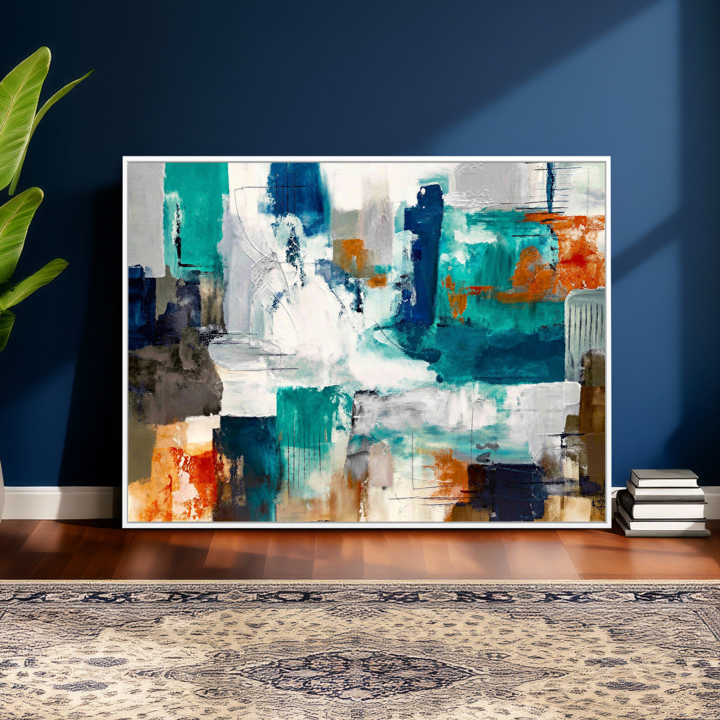 44038089-MGV-CV-36X24 - Blue Teal Abstract Canvas Wall Art, Modern Textured Painting Print, Navy Orange White Contemporary Art, Neutral Living Room Decor, Office Art