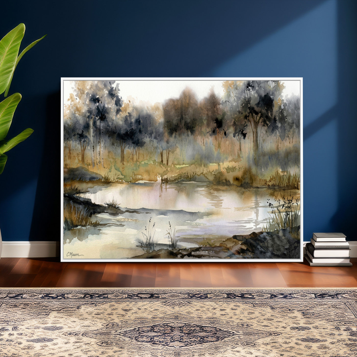 27383609-MGV-CV-36X24 - Abstract WatercolorAutumn Lake Canvas Wall Art Print, Misty Forest Landscape, Rustic Nature Painting, Cabin Wall Decor, Ready to Hang