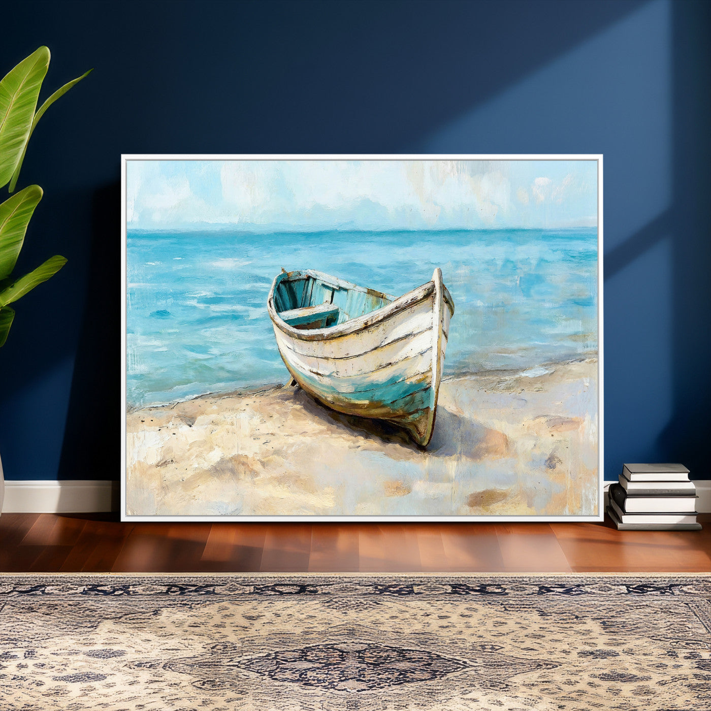 14780565-MGV-CV-36X24 - Coastal Boat Canvas Wall Art Print, Beach Boat Painting, Nautical Ocean Decor, Seascape Wall Art, Ready to Hang