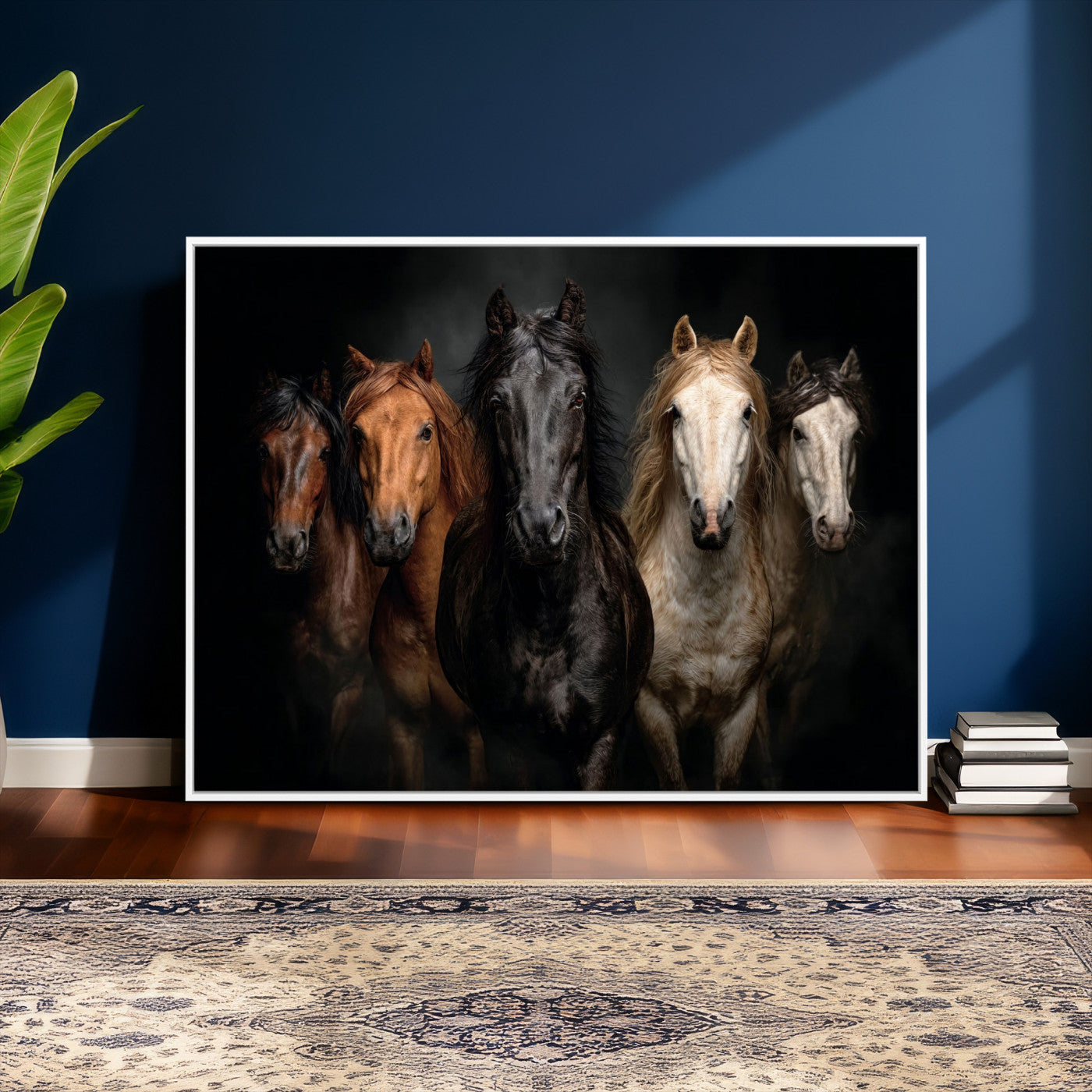 77696206-MGV-CV-36X24 - Horse Wall Art Canvas Print, Wild Horses Portrait Photography, Animal Horse Decor, Black Brown White Horse Herd, Rustic Ranch Art