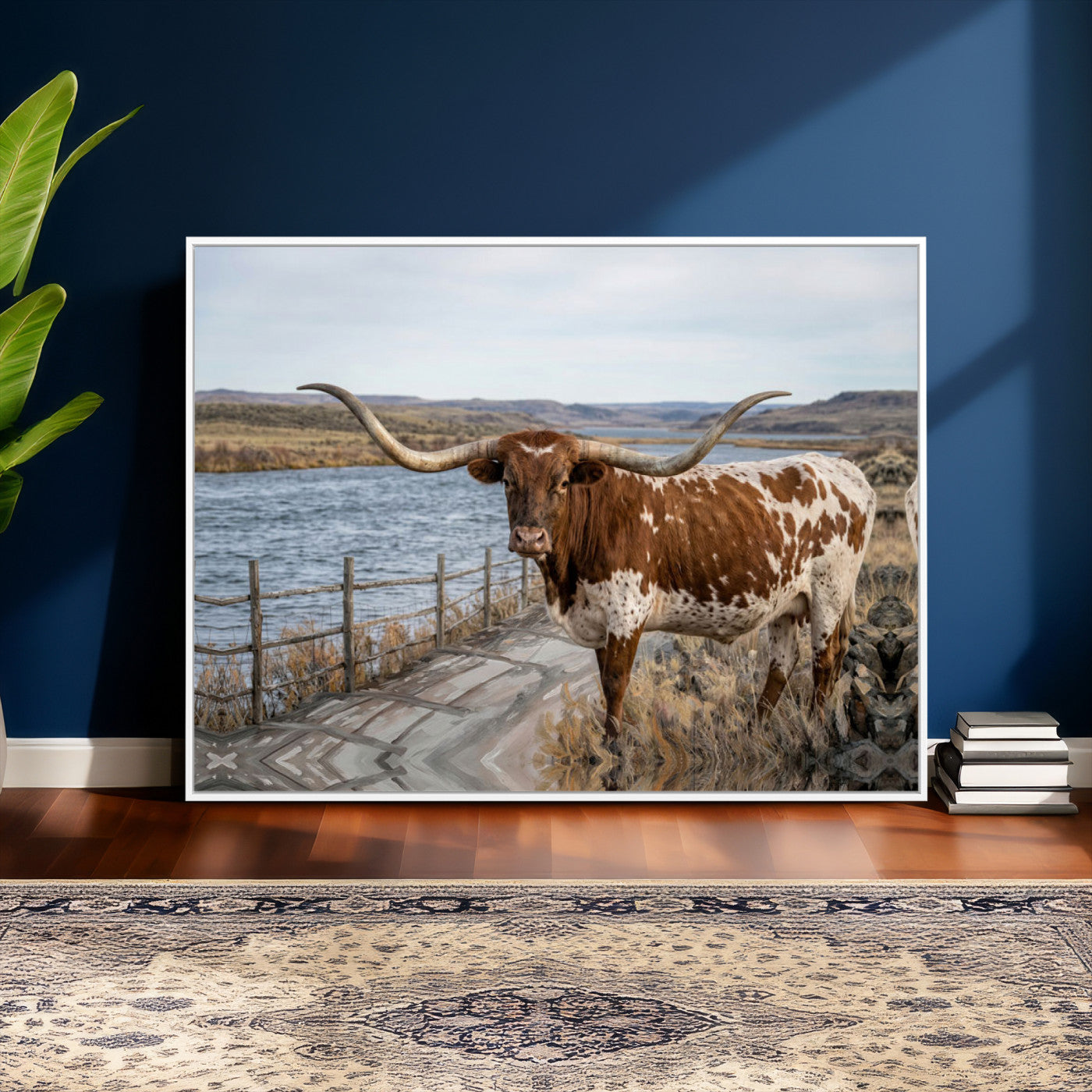 91575949-MGV-CV-36X24 - Texas Longhorn Cattle in Desert Pasture Wall Art Canvas Print - Rustic Western Decor