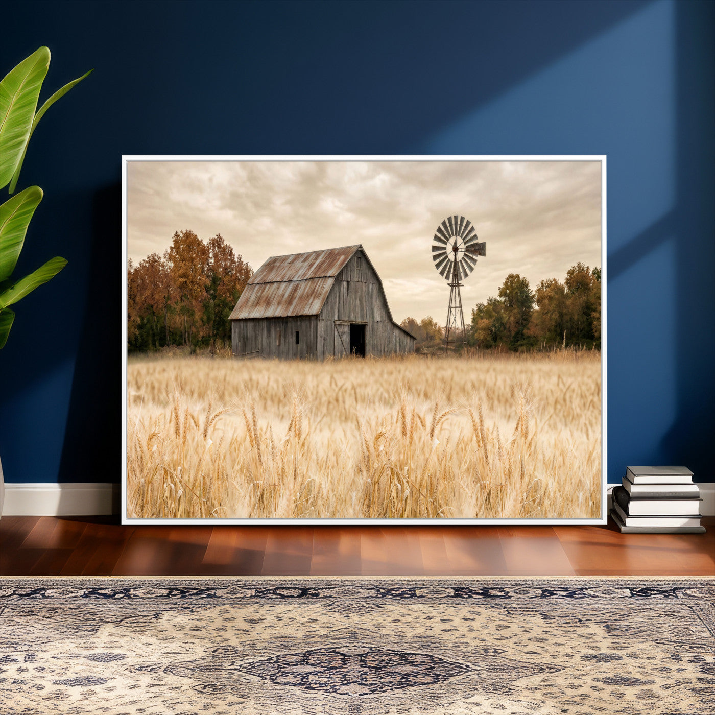 99640659-MGV-CV-36X24 - Rustic Farmhouse Barn and Windmill Wall Art Canvas Print, Country Landscape Photography Print
