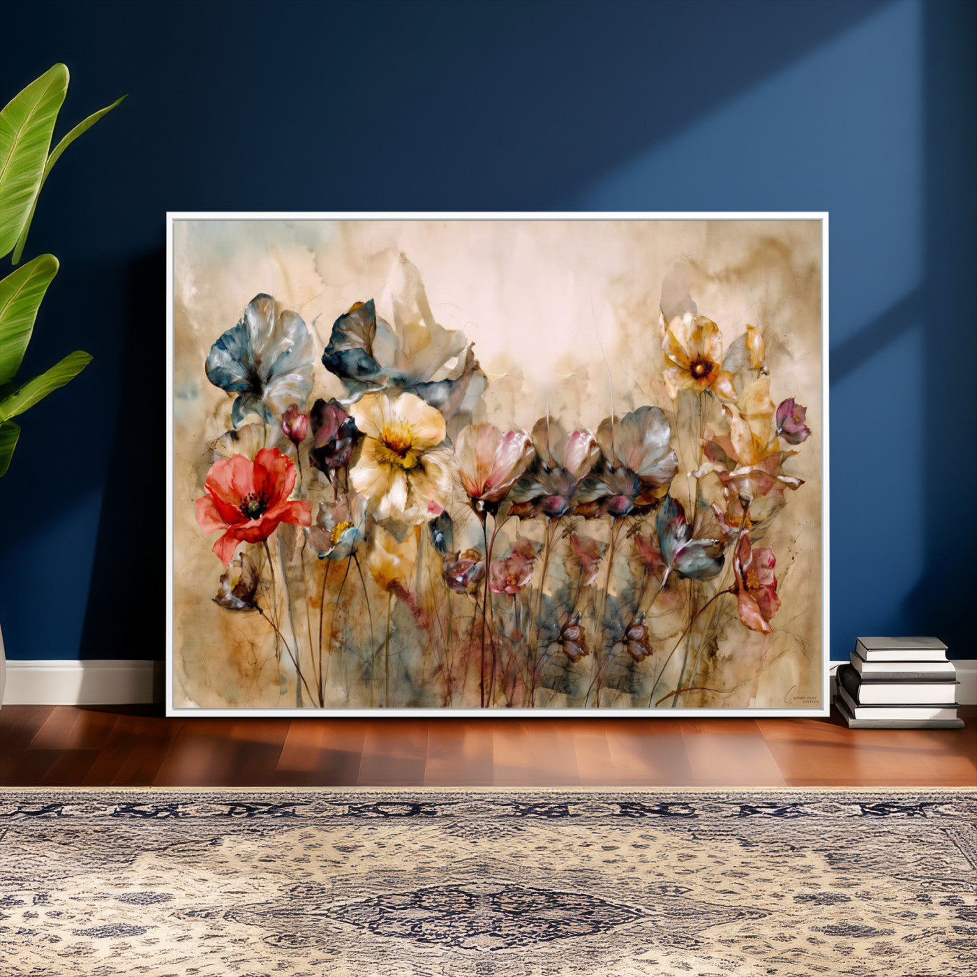 11407233-MGV-CV-36X24 - Vintage Dried Floral Meadow Wall Art Canvas Print, Translucent Watercolor Flowers Painting Print