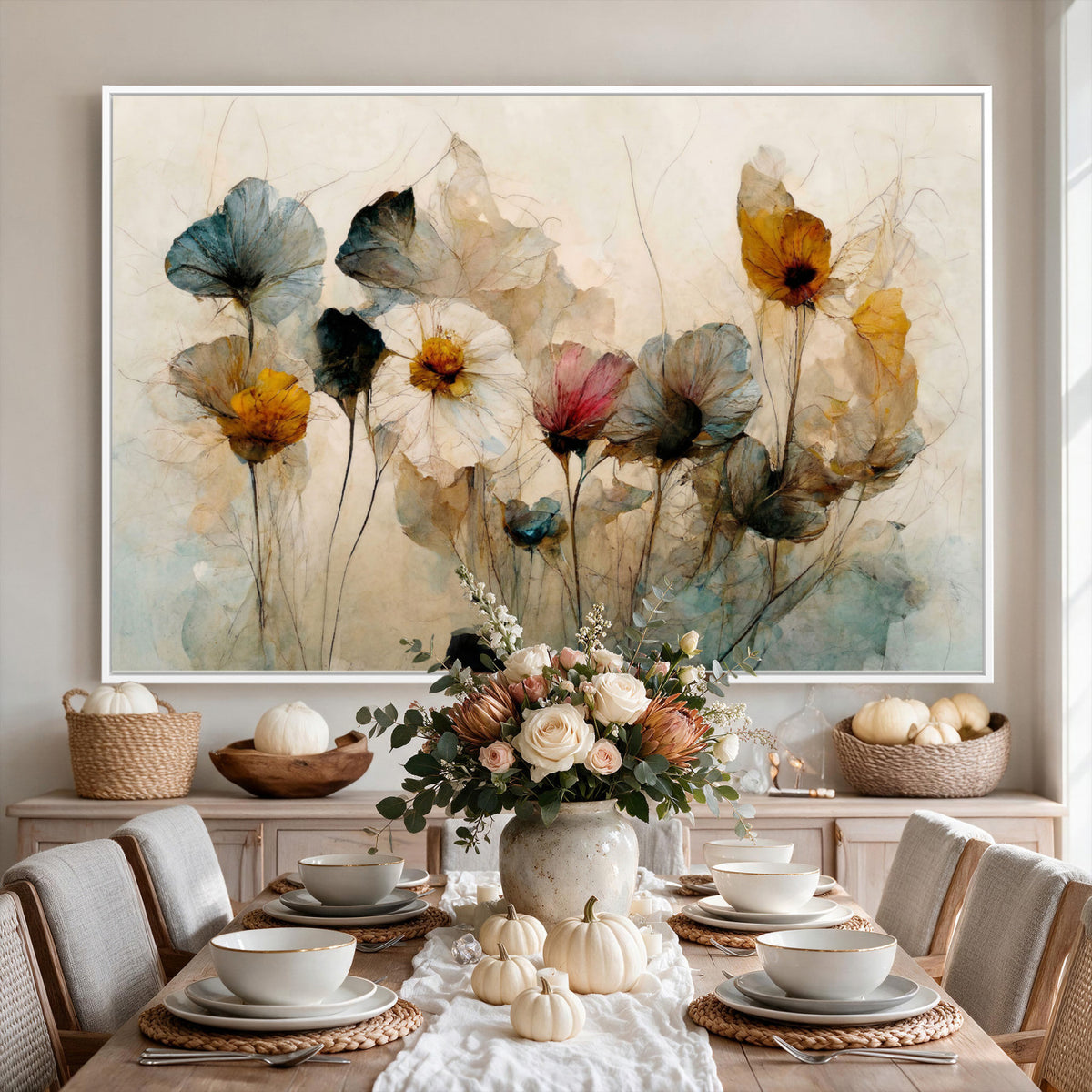86802229-MGV-CV-36X24 - Vintage Dried Floral Meadow Wall Art Canvas Print, Translucent Watercolor Flowers Painting Print
