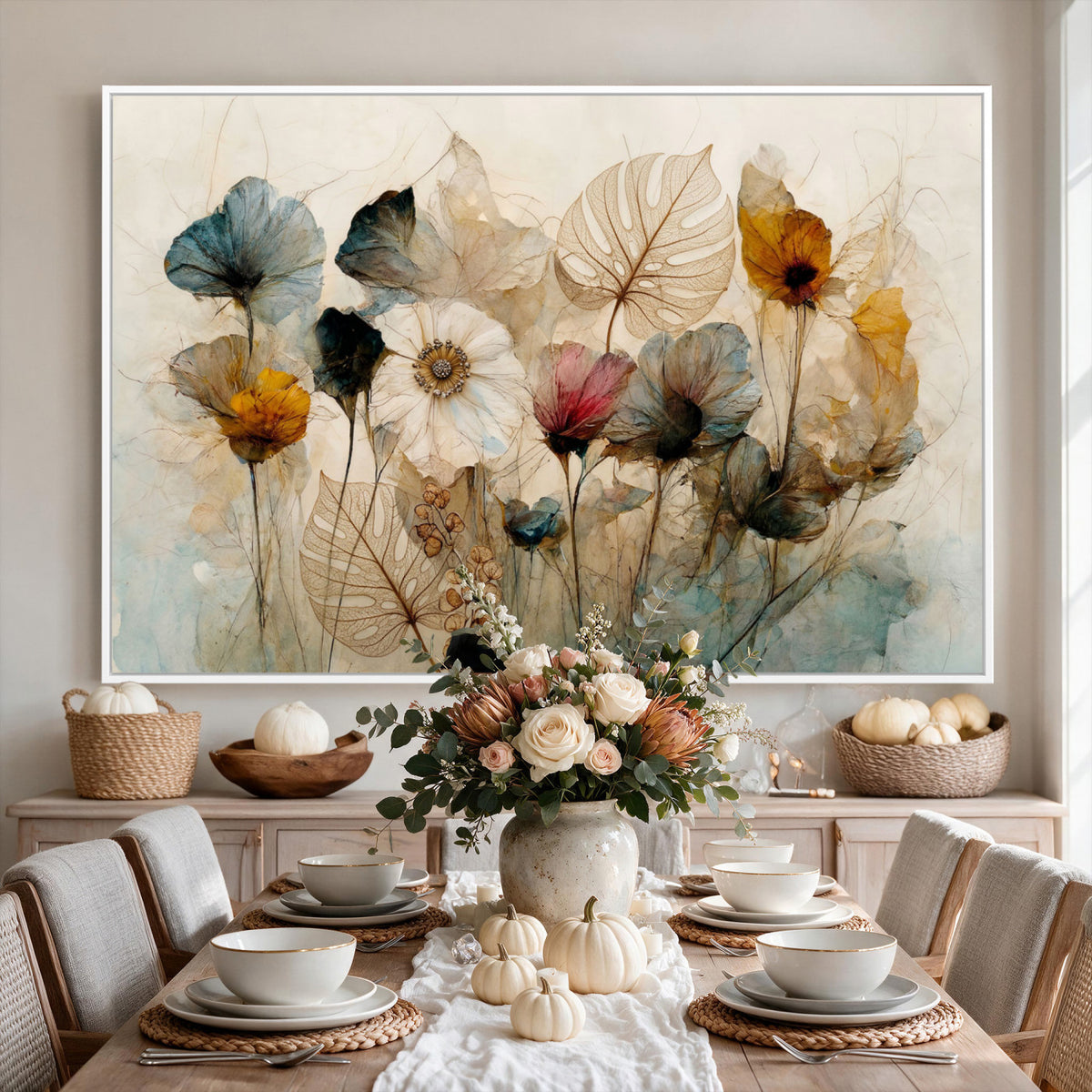 93171612-MGV-CV-36X24 - Vintage Dried Floral Meadow Wall Art Canvas Print, Translucent Watercolor Flowers Painting Print