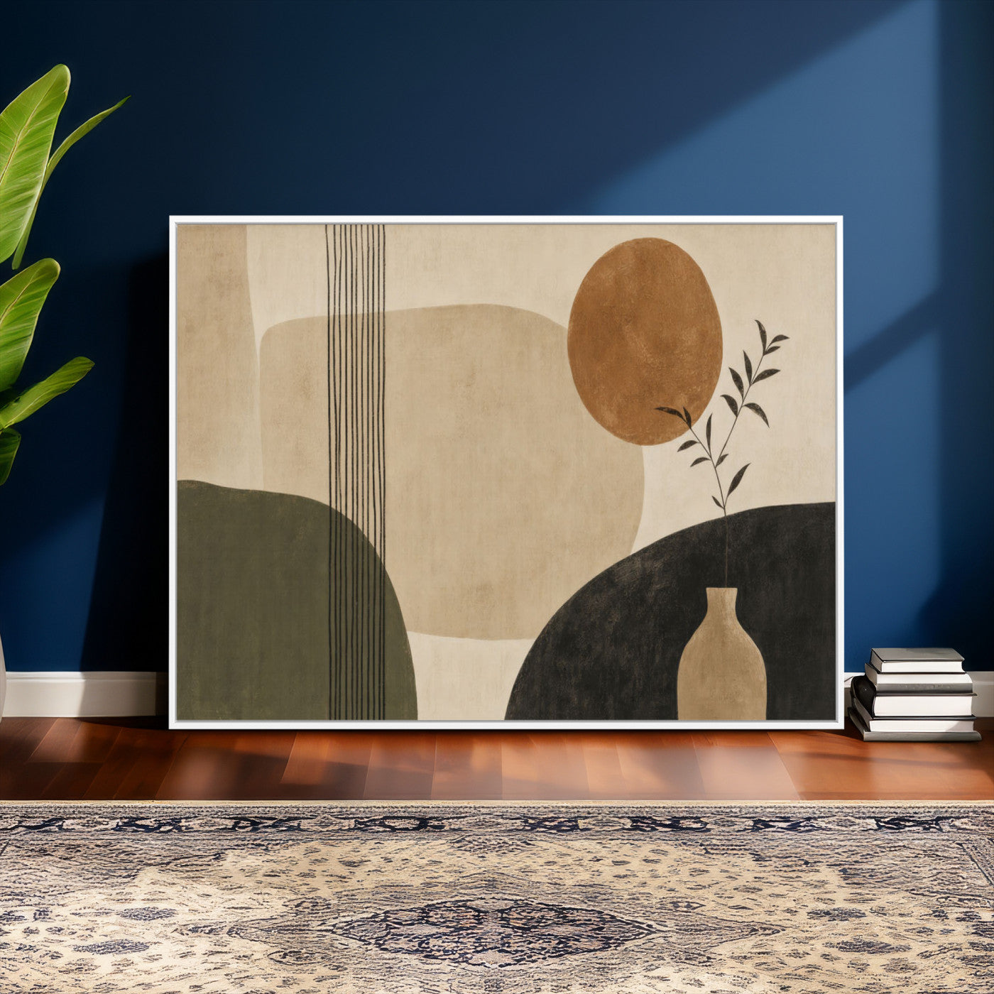 29113684-MGV-CV-36X24 - Japandi Minimalist Abstract Wall Art Canvas Print, Sage Green and Terracotta Sun Botanical Painting Print