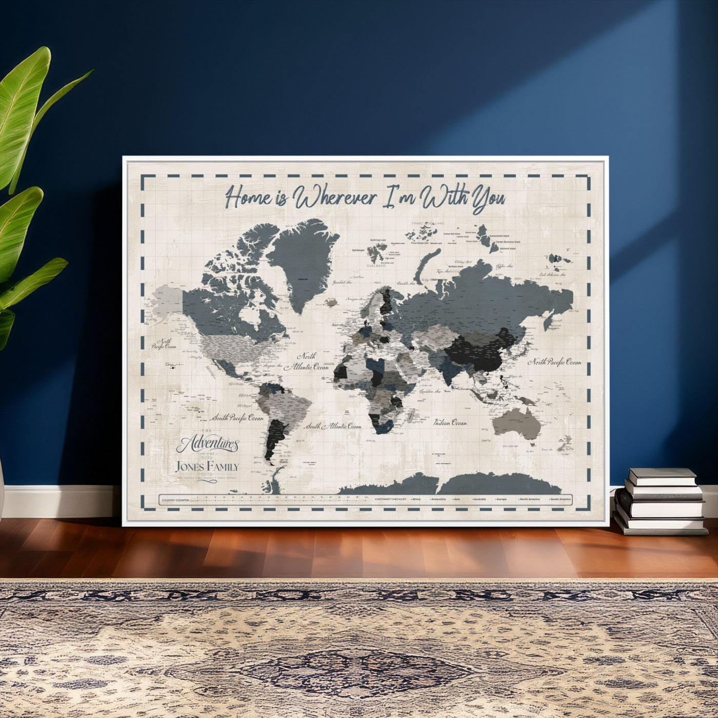 400867164-MGV-CV-36X24 - Framed Blue Custom Push Pin World Map Canvas Print – Personalized Travel Map Wall Art