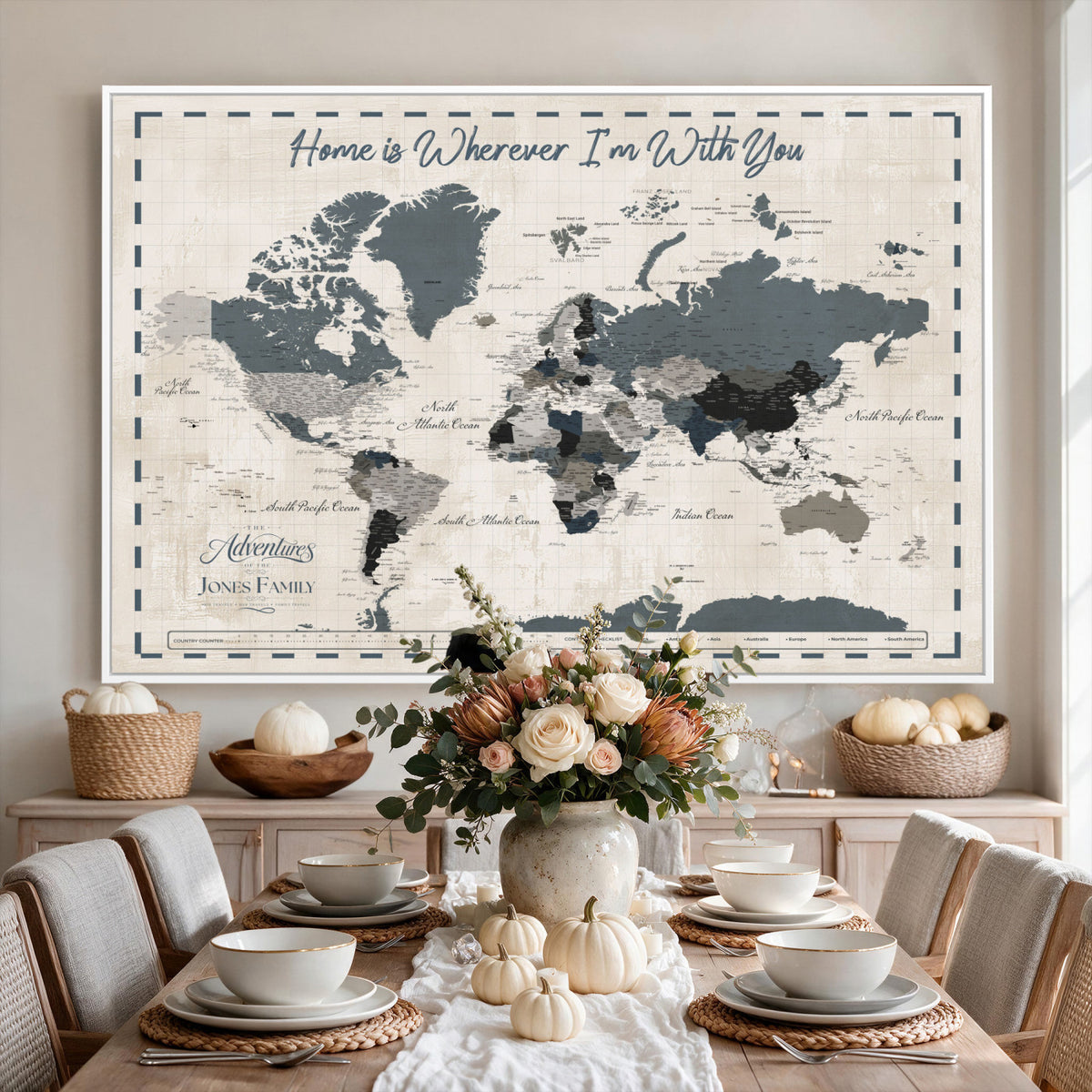 400867164-MGV-CV-36X24 - Framed Blue Custom Push Pin World Map Canvas Print – Personalized Travel Map Wall Art