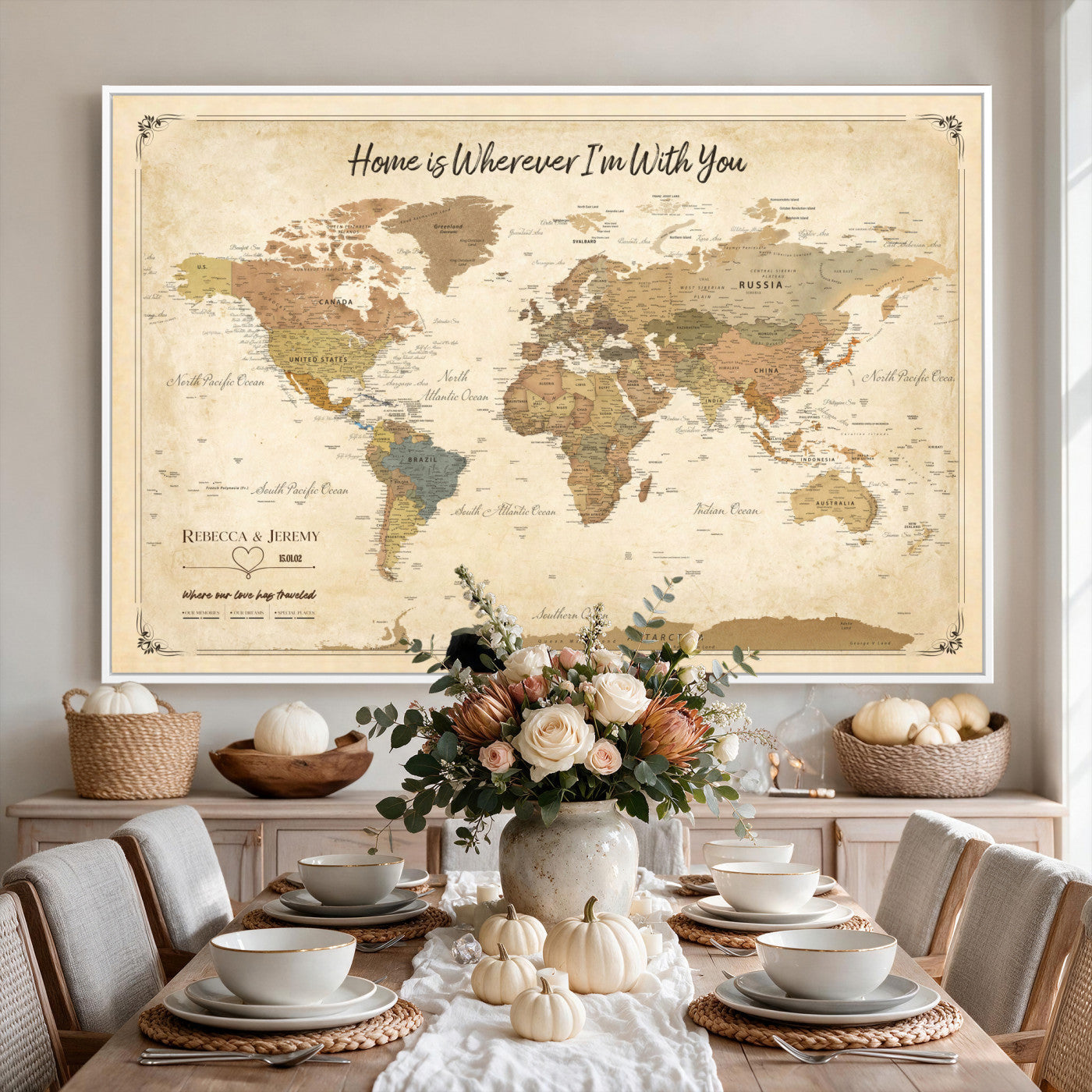 40086165SP-MGV-CV-36X24 - Custom Push Pin Travel Map Canvas Print, Cream Personalized Travel Tracker Map, Anniversary Gift, Vintage World Map Wall Art