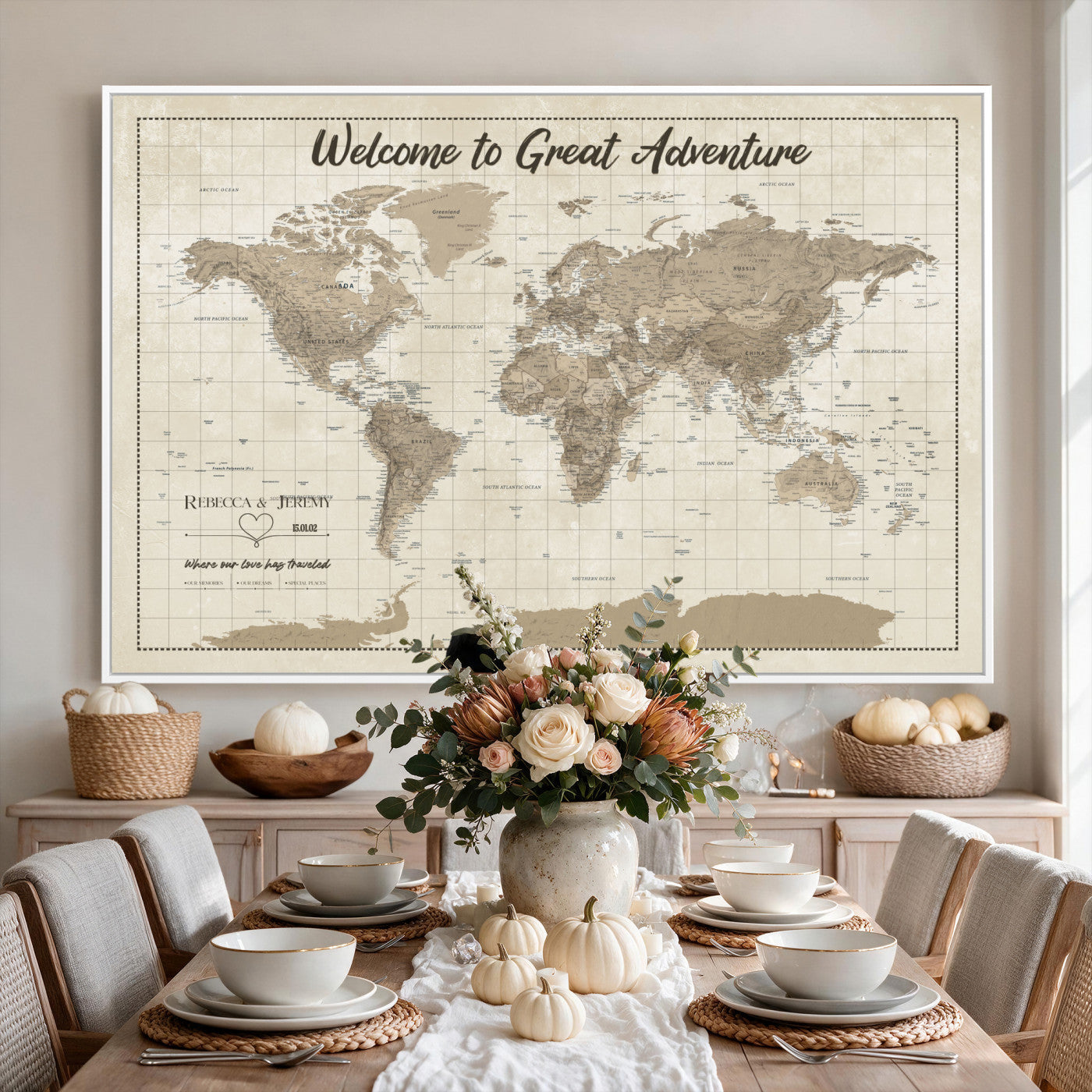 51180020-MGV-CV-36X24 - Custom Push Pin Travel Map Canvas Print, Cream Personalized Travel Tracker Map, Anniversary Gift, Vintage World Map Wall Art