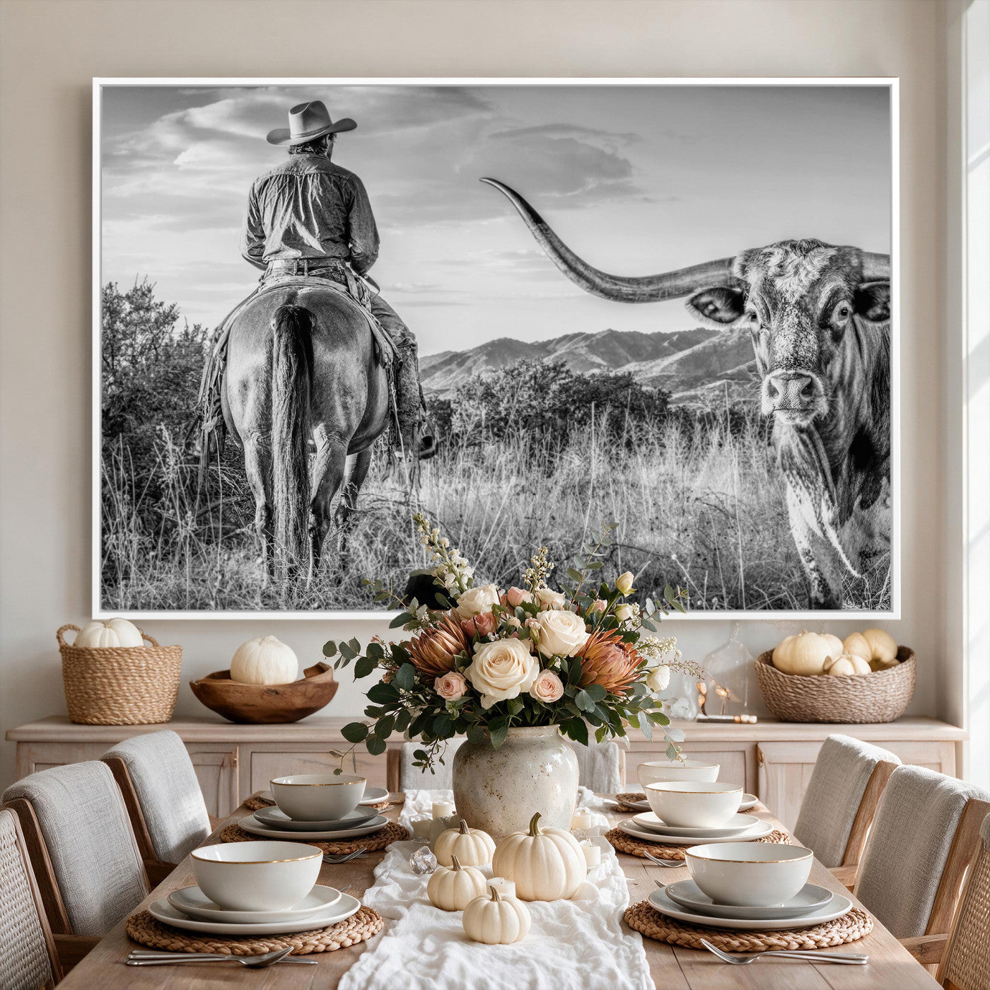62076449WB-MGV-CV-36X24 - Texas Cowboy and Longhorn Bull Print for Western Wall Art Decor for Farmhouse