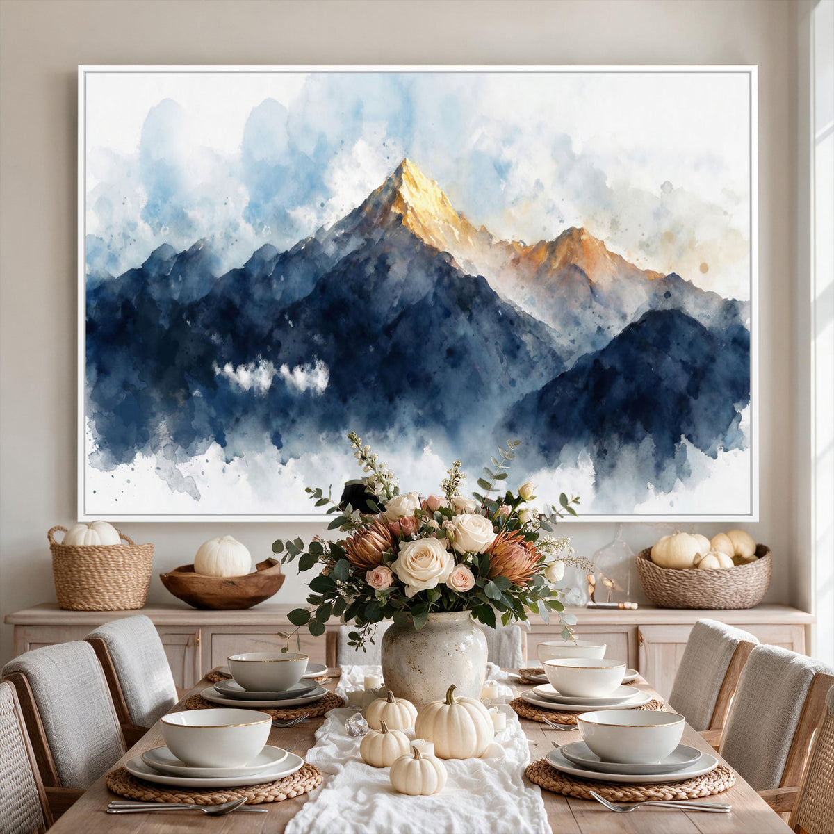 62076449DG1-MGV-CV-36X24 - Abstract Watercolor Mountain Lake Wall Art Print for Living Room Decor