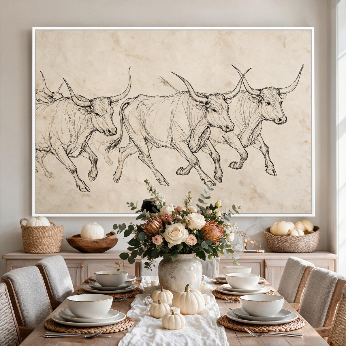 87177621-MGV-CV-36X24 - Minimalist Longhorn Line Art, Modern Texas Bull Canvas Print, Abstract Western Wall Decor, Continuous Line Artwork, Black White Ranch Gift