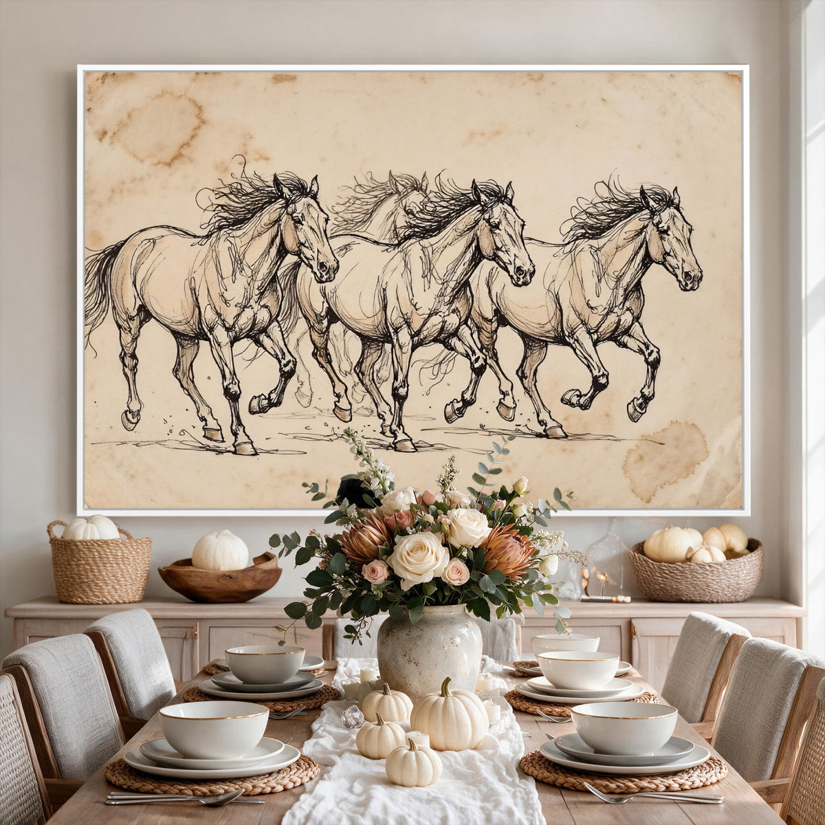 18242163-MGV-CV-36X24 - Vintage Horse Sketch Canvas Wall Art, Wild Horses Pencil Drawing Print, Antique Parchment Western Decor, Equine Sketching, Country Manor Gift