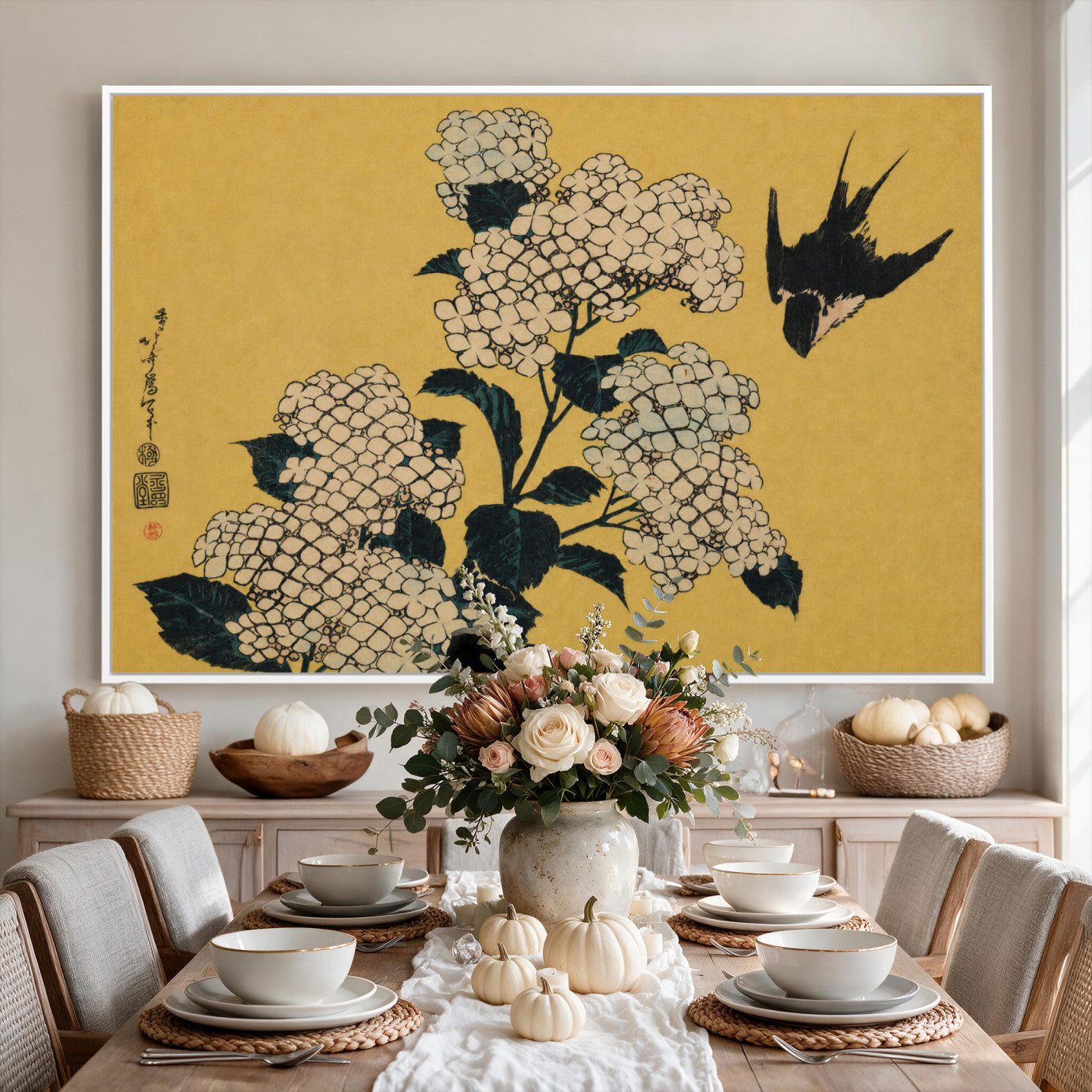 92483501-MGV-CV-36X24 - Katsushika Hokusai Hydrangea and Swallow Wall Art Canvas Print, Japanese Woodblock Painting Print