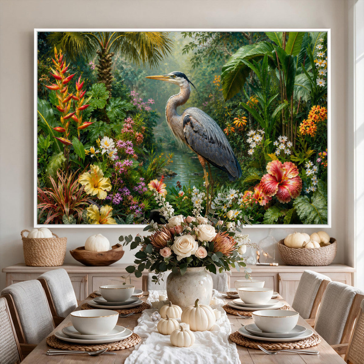 81059387-MGV-CV-36X24 - Great Blue Heron Tropical Jungle Wall Art Canvas Print, Exotic Botanical Garden Painting Print