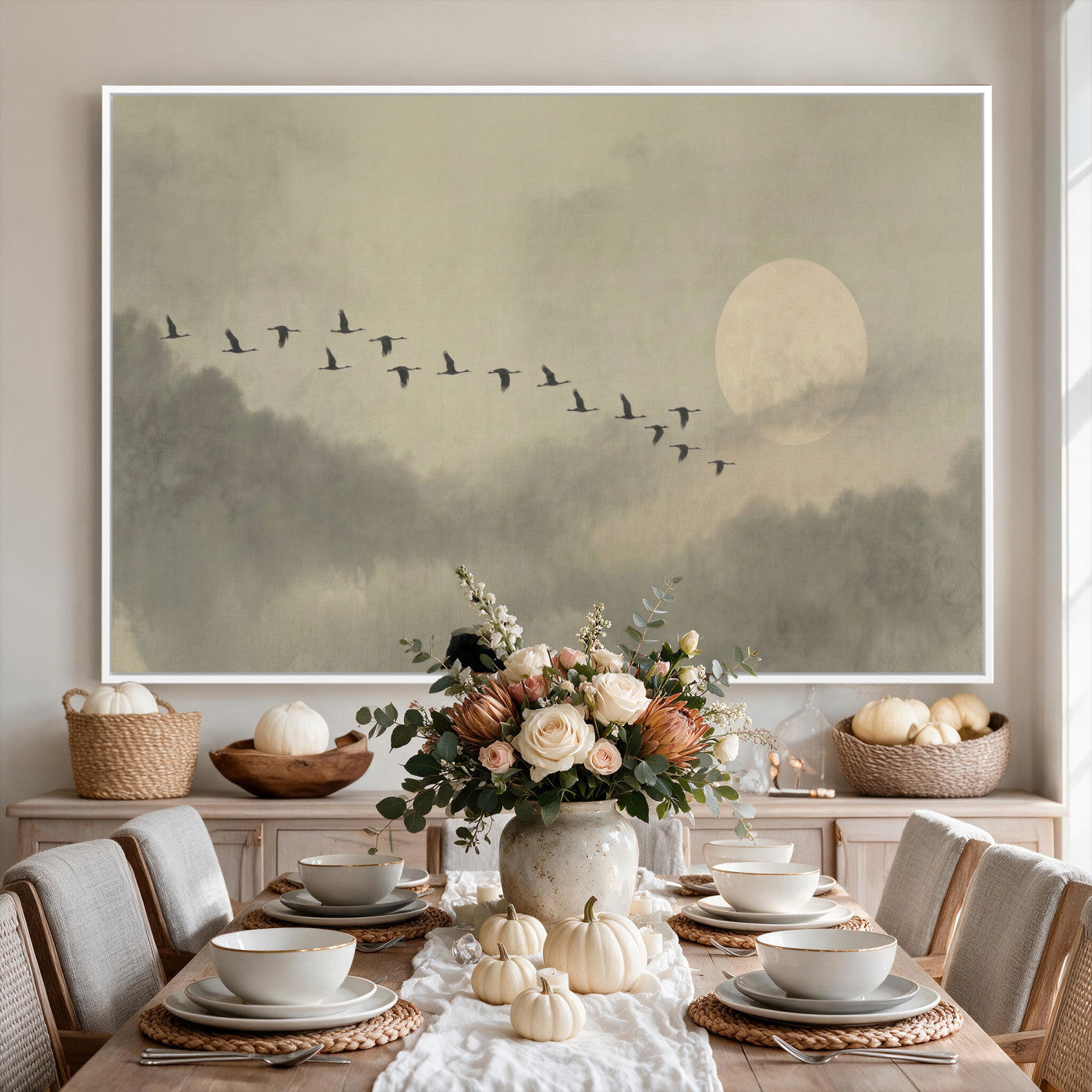 1209814B-MGV-CV-36X24 - Flying Cranes Canvas Wall Art, Misty Landscape with Moon, Sage Green Japandi Decor, Framed Print