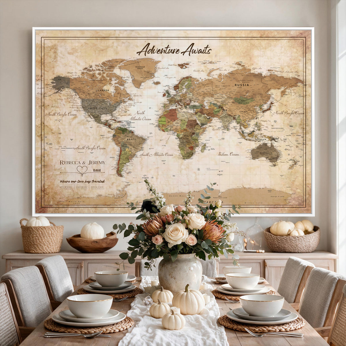 1954256765-MGV-CV-36X24 - Custom Push Pin World Map Canvas PRINT | Personalized Travel Tracker | Wedding Anniversary Gift