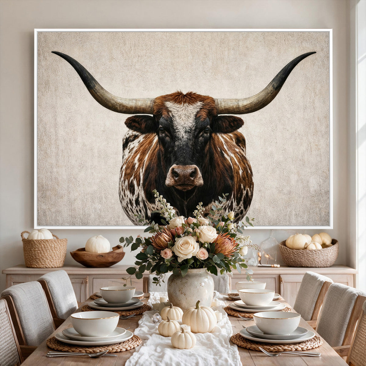 58622065-MGV-CV-36X24 - Texas Longhorn Canvas Wall Art Western Bull Desert Moody Grey Overcast Rustic Farmhouse Framed Large for Living Room Bedroom Office Decor
