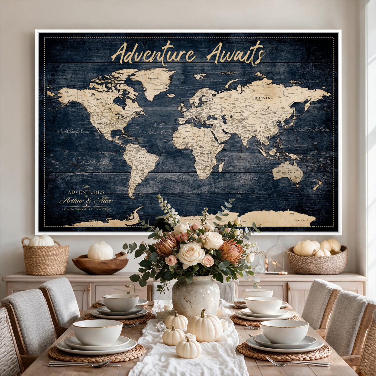 68817382-MGV-CV-36X24 - Extra Large Vintage Personalized Push Pin World Map Wall Art Canvas Print