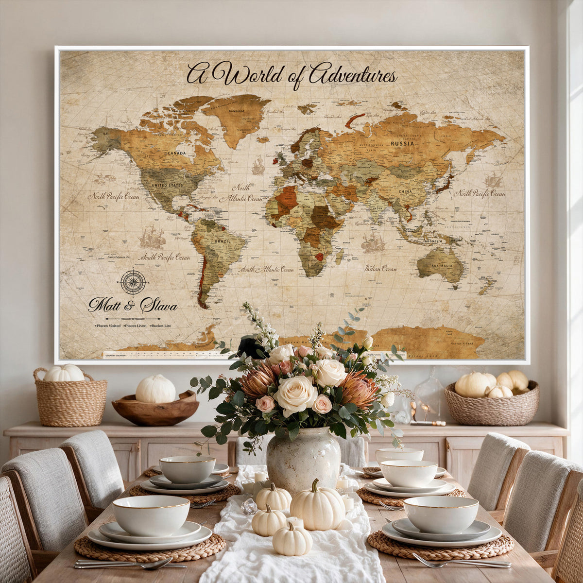88768647-MGV-CV-36X24 - Extra Large Framed Personalize Push Pin World Map Wall Art Canvas Print for Travel Tracking