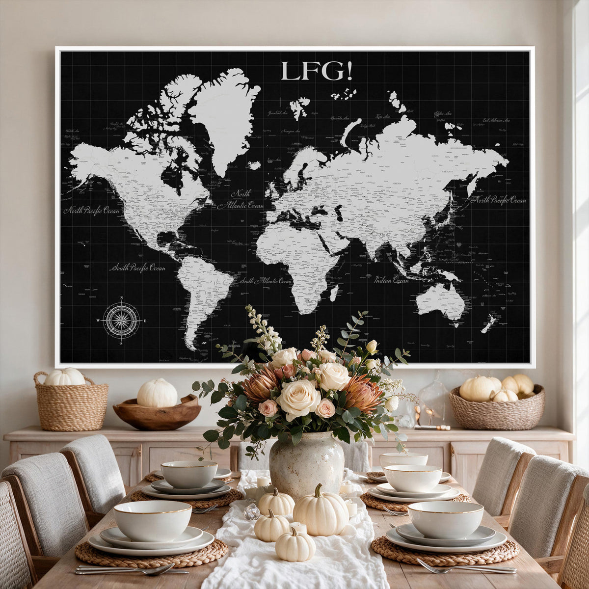 68209291-MGV-CV-36X24 - Extra Large Framed Personalize Push Pin World Map Wall Art Canvas Print for Travel Tracking