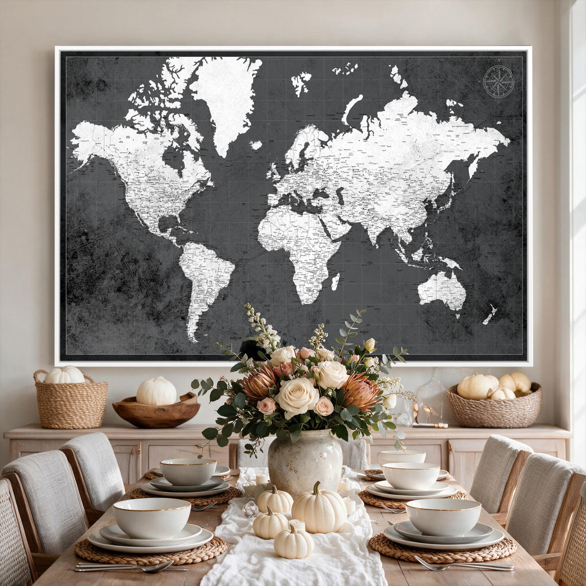 78574966-MGV-CV-36X24 - Extra Large Framed Personalize Push Pin World Map Wall Art Canvas Print for Travel Tracking