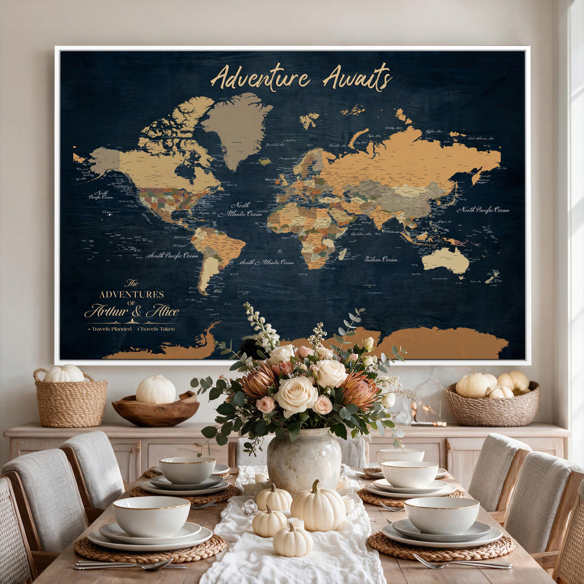 13350960-MGV-CV-36X24 - Extra Large Framed Personalize Push Pin World Map Wall Art Canvas Print for Travel Tracking