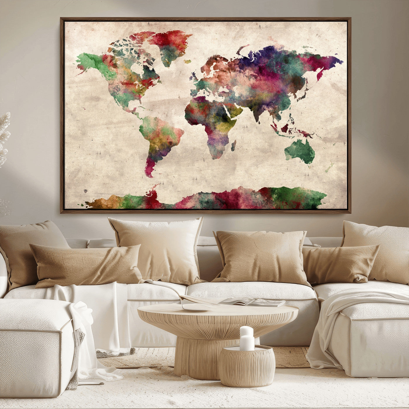 69476-MGV-CV-36X24-Watercolor World Map Canvas Print – Framed Push Pin Wall Art for Couples, Colorful Travel Map Artwork for Elegant Home and Office Decor