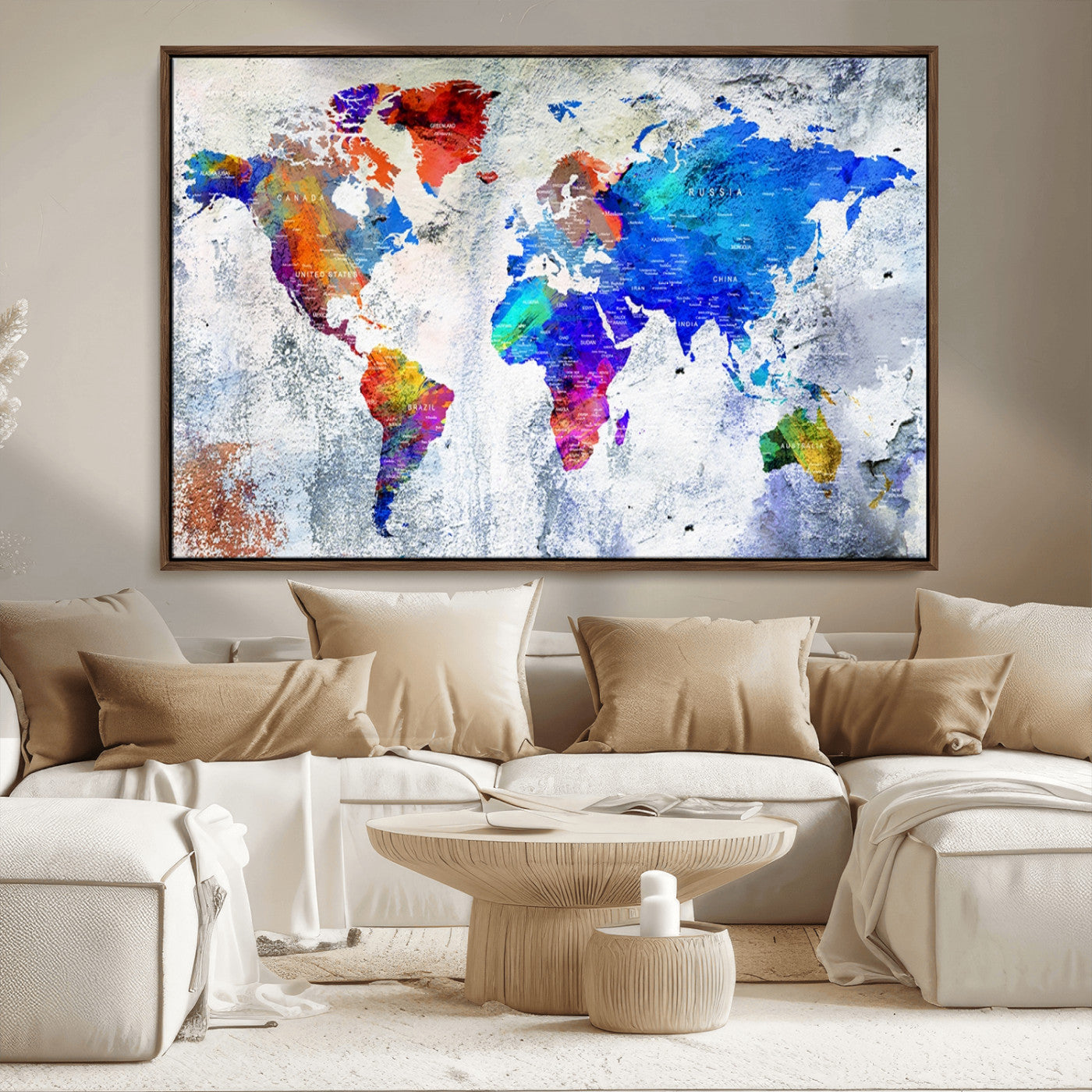 27352-MGV-CV-36X24-World Map Canvas Print – Colorful Abstract Push Pin Travel Map, Framed Wall Art for Home or Office Decor