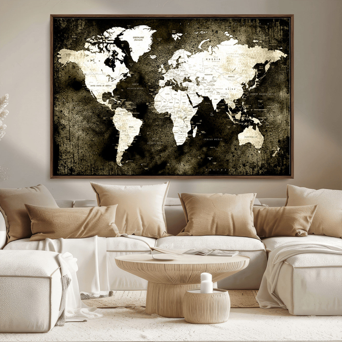66737-MGV-CV-36X24-Vintage World Map Canvas Wall Art – Framed Push Pin Travel Map for Home and Office Decor, Rustic Wall Artwork for Travelers