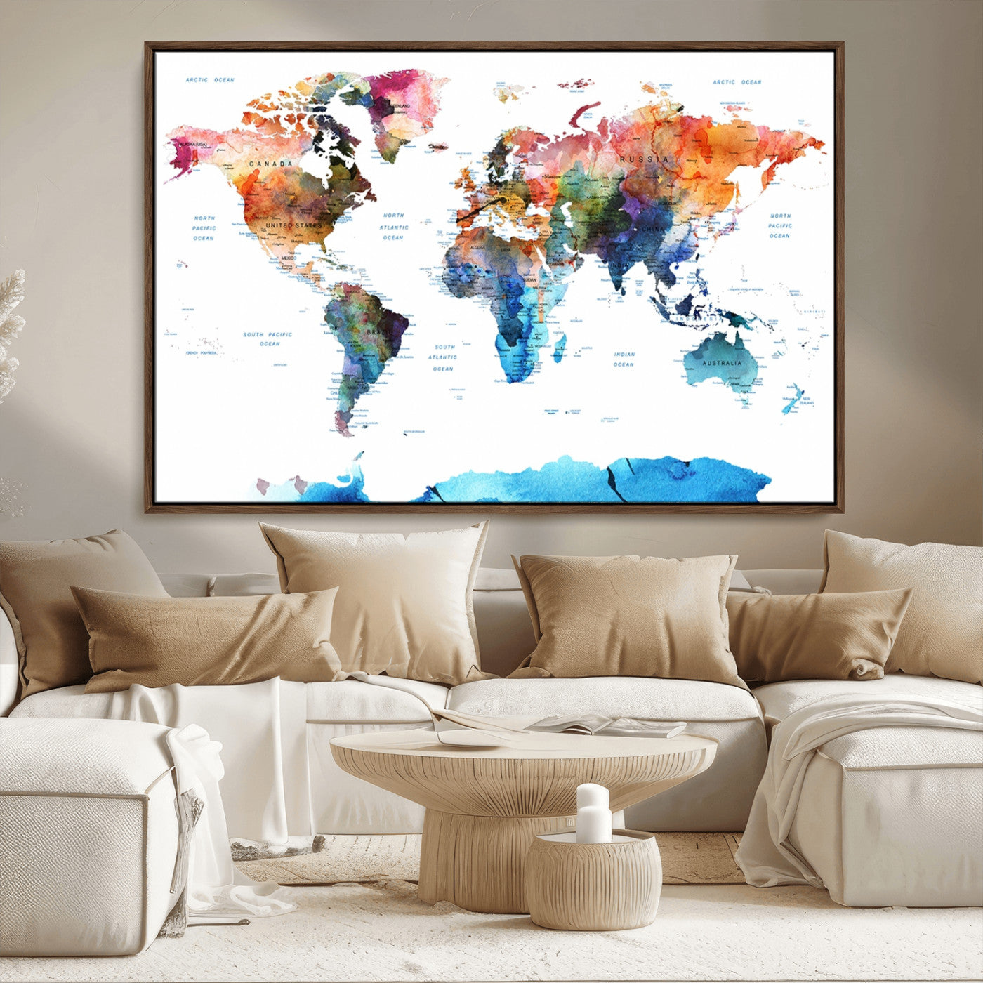 11576-MGV-CV-36X24-Vibrant Watercolor World Map Canvas Wall Art – Framed Push Pin Travel Map for Home and Office Decor, Modern Colorful Wall Artwork