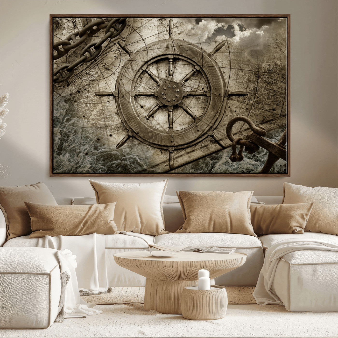 -Wooden Ship Wheel Canvas Print, Multi Panel Canvas Wall Art Print