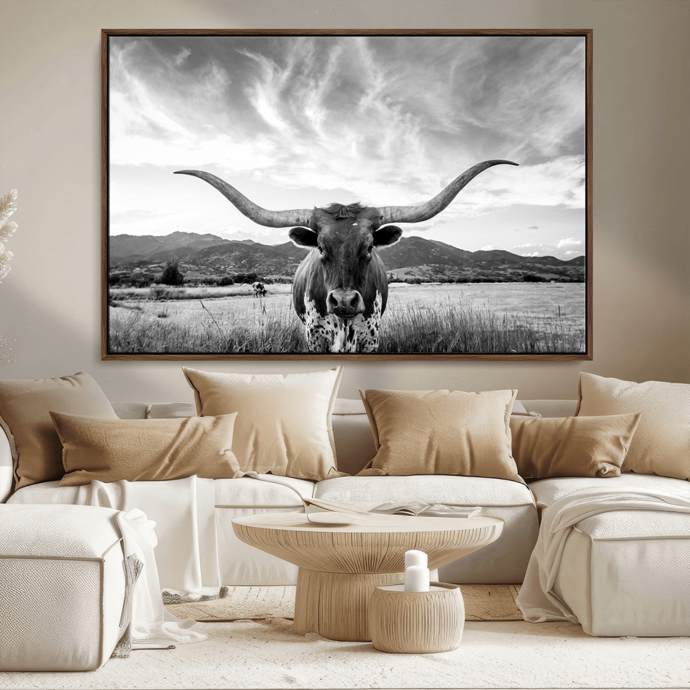 79527-MGV-CV-36X24-Longhorn Black and White Wall Art – Rustic Western Bull Canvas Print, Farmhouse Country Decor for Living Room, Office or Ranch, Cowboy Wall Artwork
