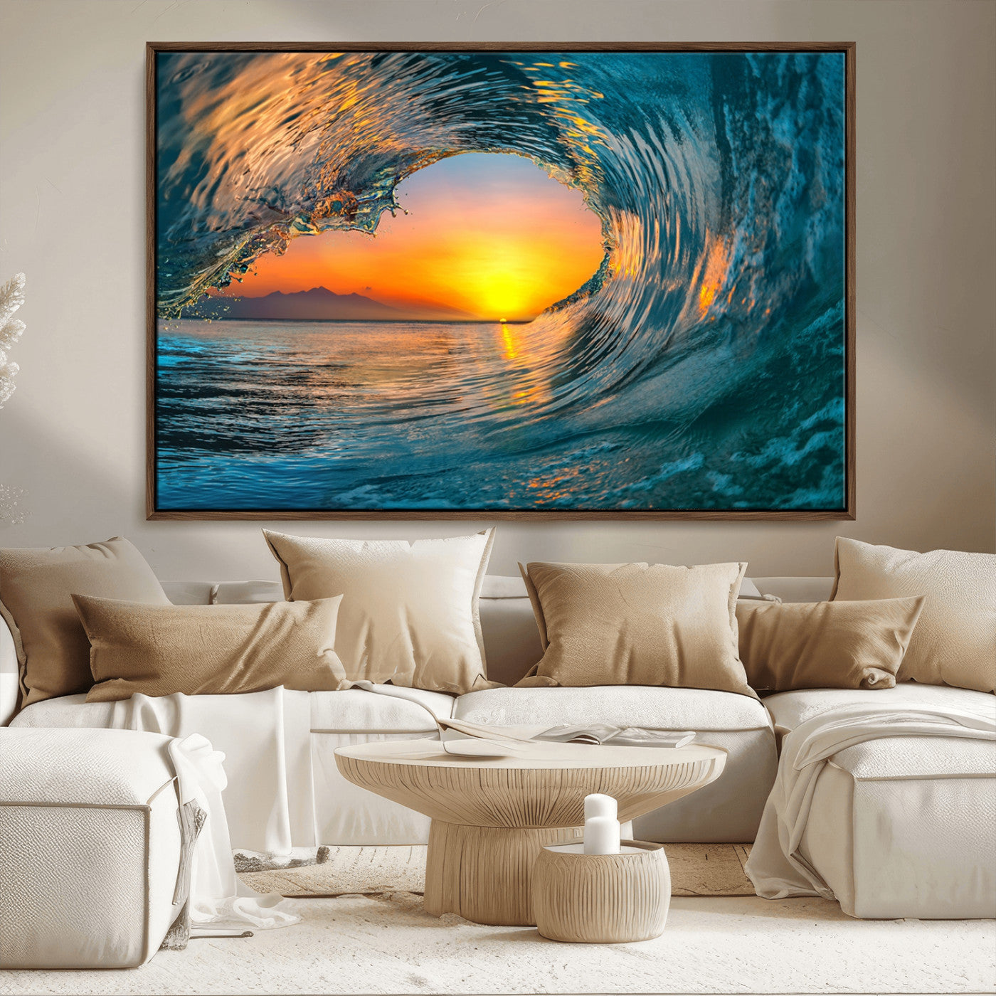 84279-MGV-CV-36X24-Ocean Wave Sunset Wall Art | Large Coastal Wave Canvas Print | 3-Panel Ocean Sunset Seascape for