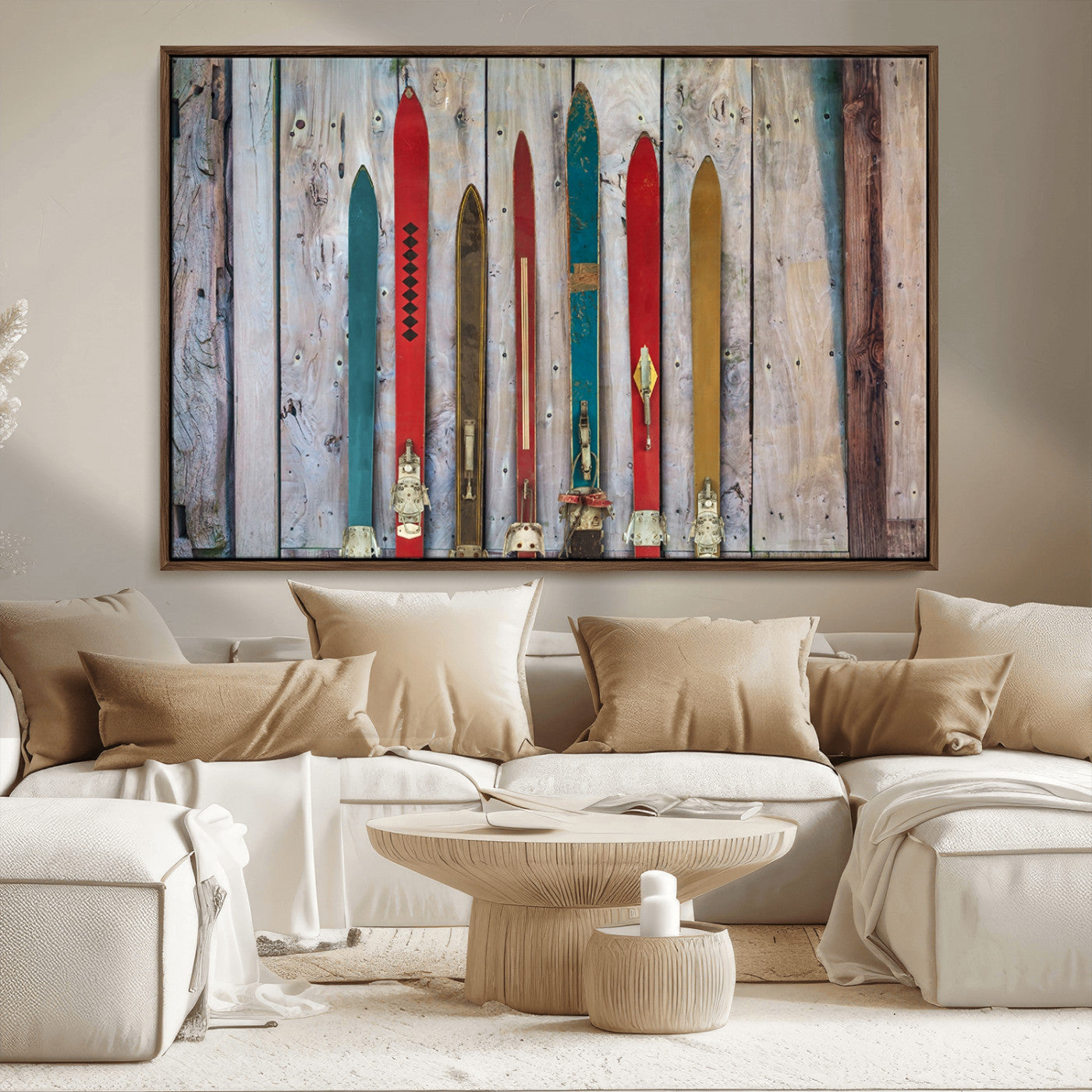 -Vintage Wooden Weathered Ski's in Front of an Old Barn Wall Art Canvas Print for Farmhouse, Cabin