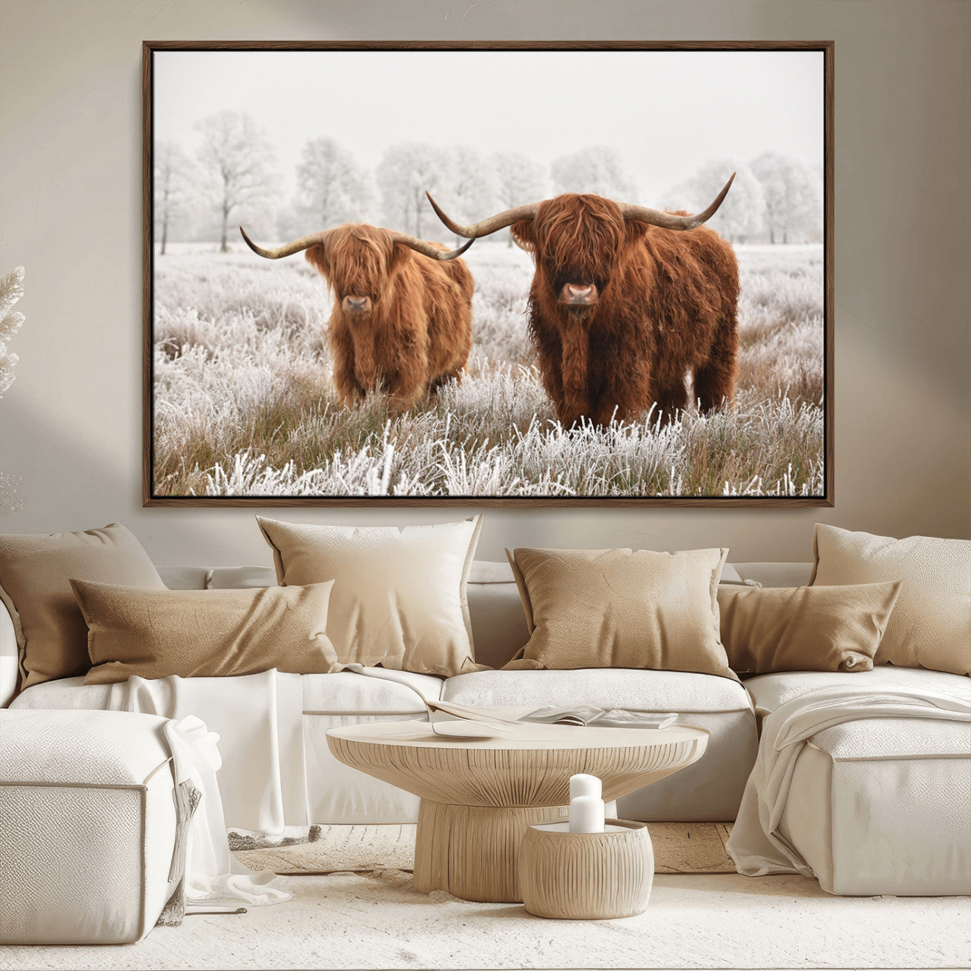 -Longhorn Cattle Wall Art Canvas Print, Framed Farmhouse Style Art Picture Print, Rustic Cow Perfect Rustic Farmhouse Decor Artwork