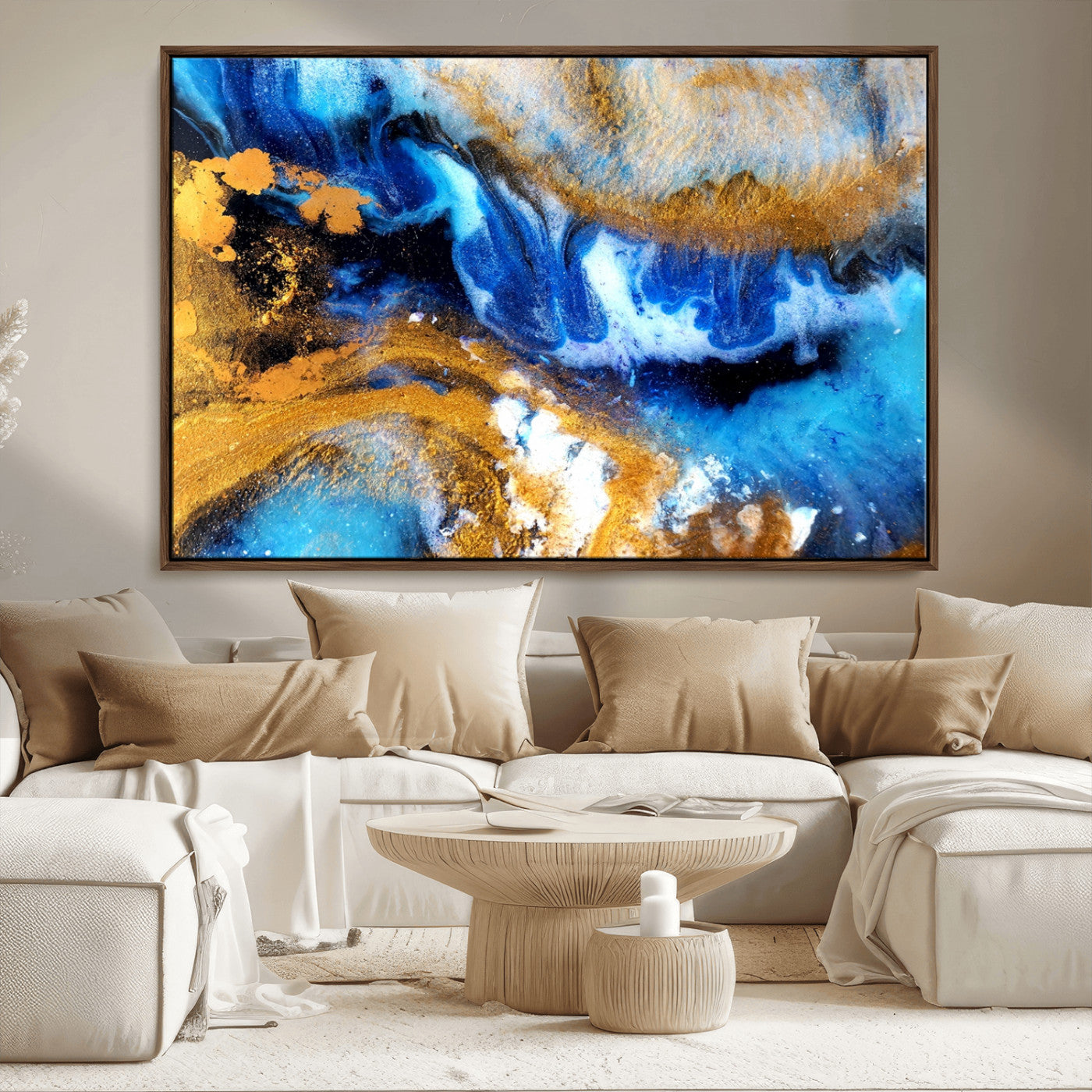 42100-MGV-CV-36X24-Blue Orange Marble Fluid Effect Canvas Wall Art Print