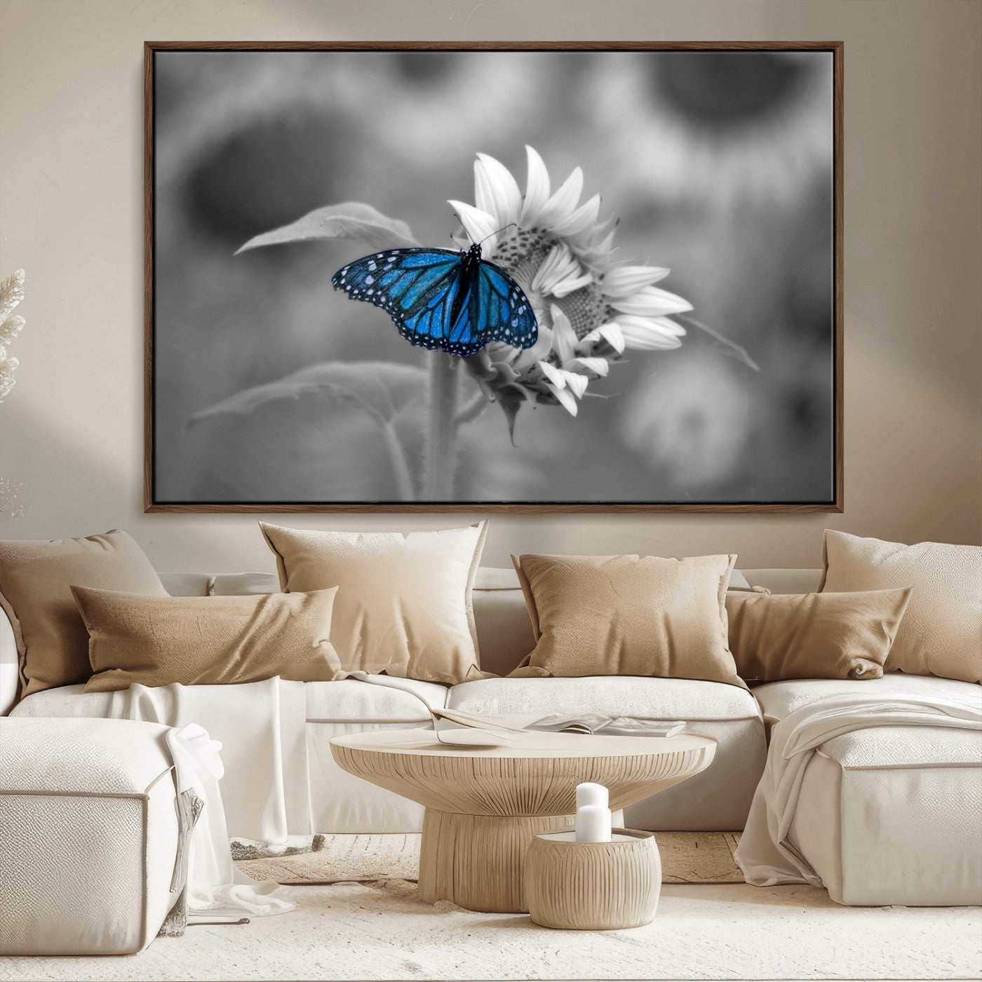 -Blue Butterfly Black and White Canvas Wall Art